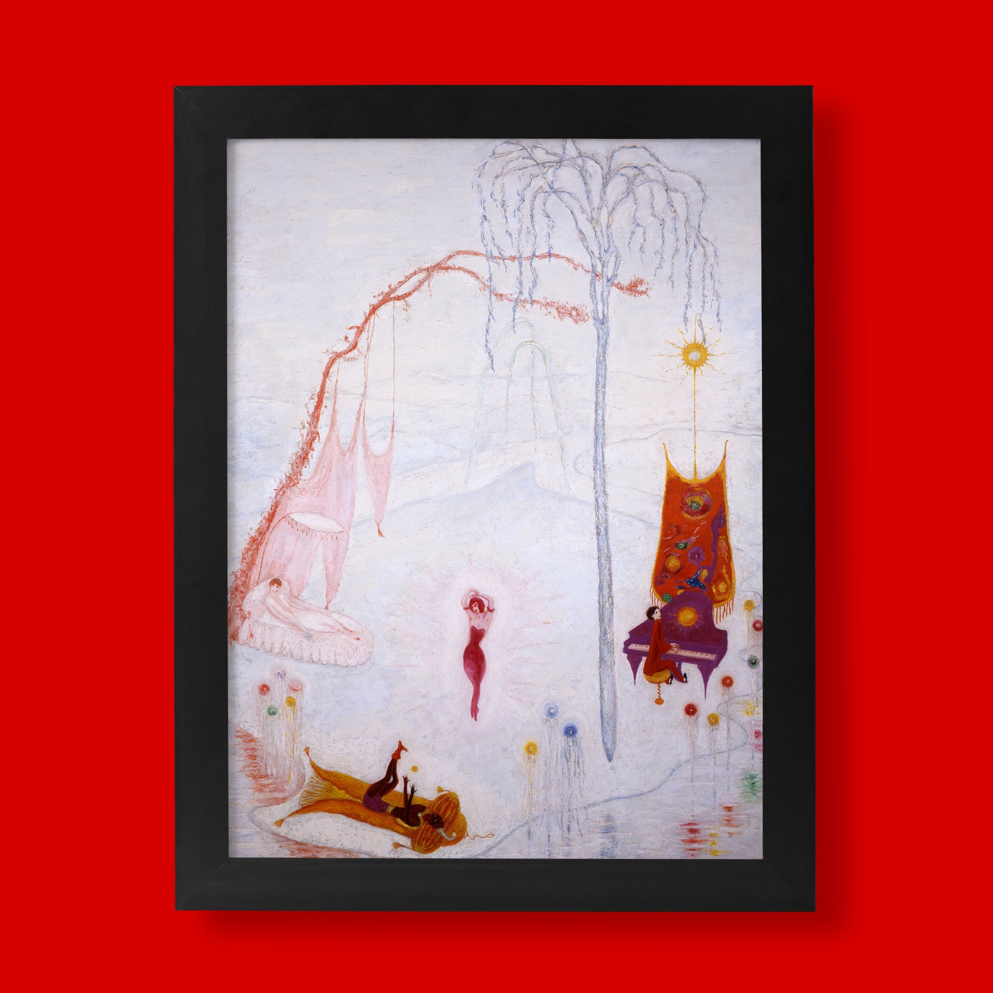 Florine Stettheimer Music print showing modernist painting with figures, pianist and singer in pastel colours, available as fine art poster from ART SNOB