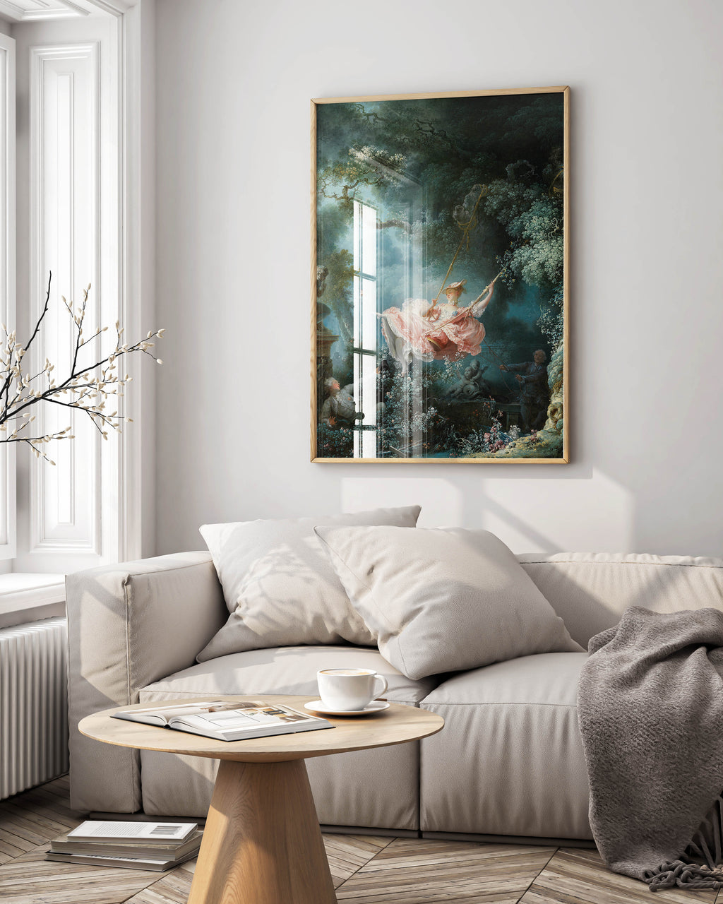 The Swing Fragonard framed fine art print hanging in interior, museum-quality framed wall art featuring iconic French Rococo masterpiece