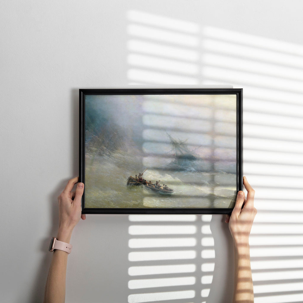 Framed reproduction of Ivan Aivazovsky's The Rainbow masterpiece hanging as elegant wall decor, featuring ethereal maritime scene with muted pastels in home setting
