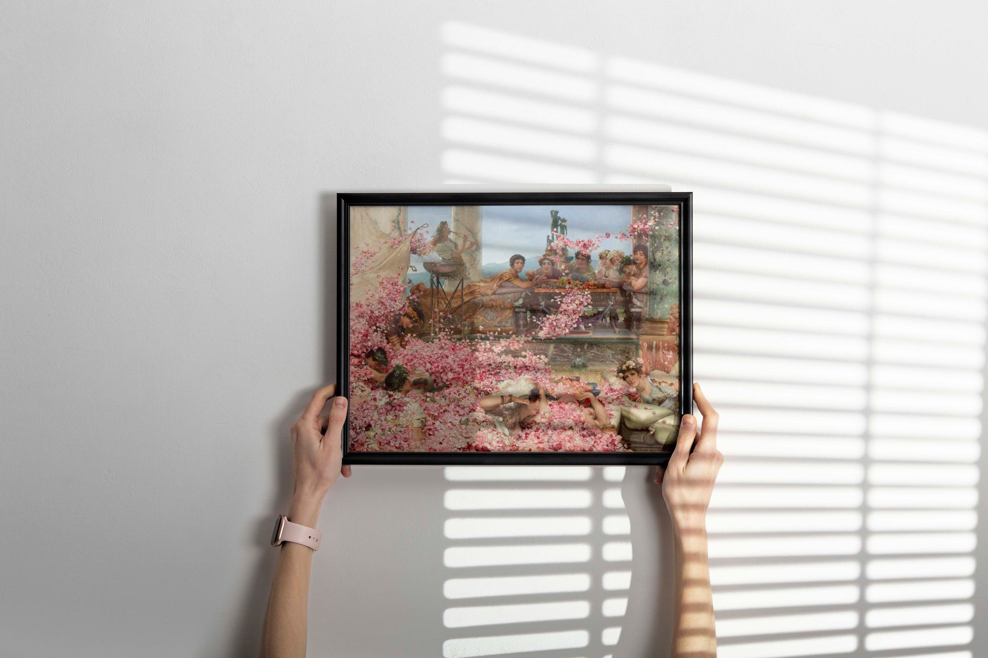 Framed fine art print of Lawrence Alma-Tadema's Roses of Heliogabalus painting hanging as sophisticated wall decor - premium Victorian academic art for contemporary living spaces