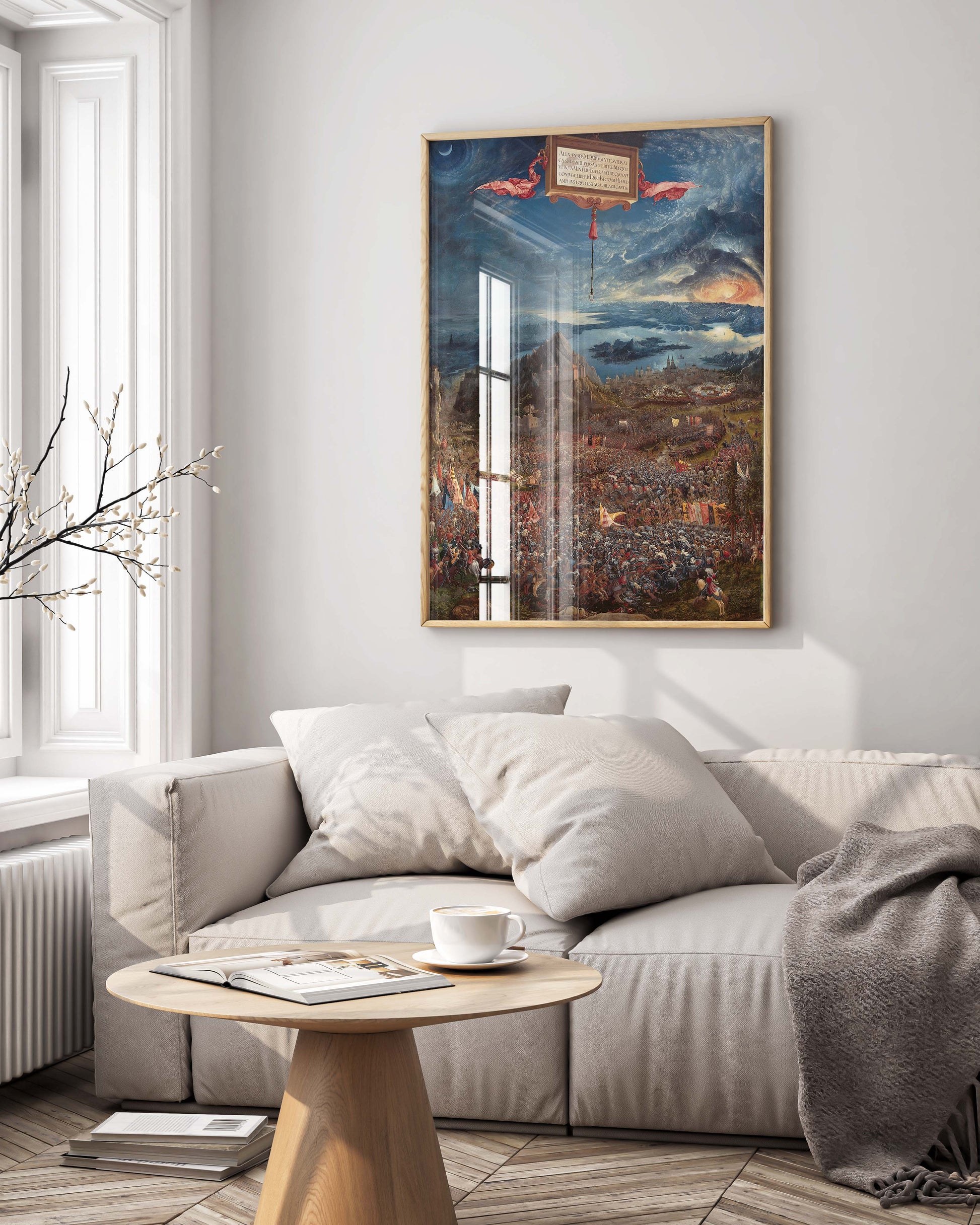 Framed museum quality Altdorfer historical battle scene art print hanging on wall, classic German Renaissance painting reproduction ideal for gallery wall arrangements and grand interior spaces