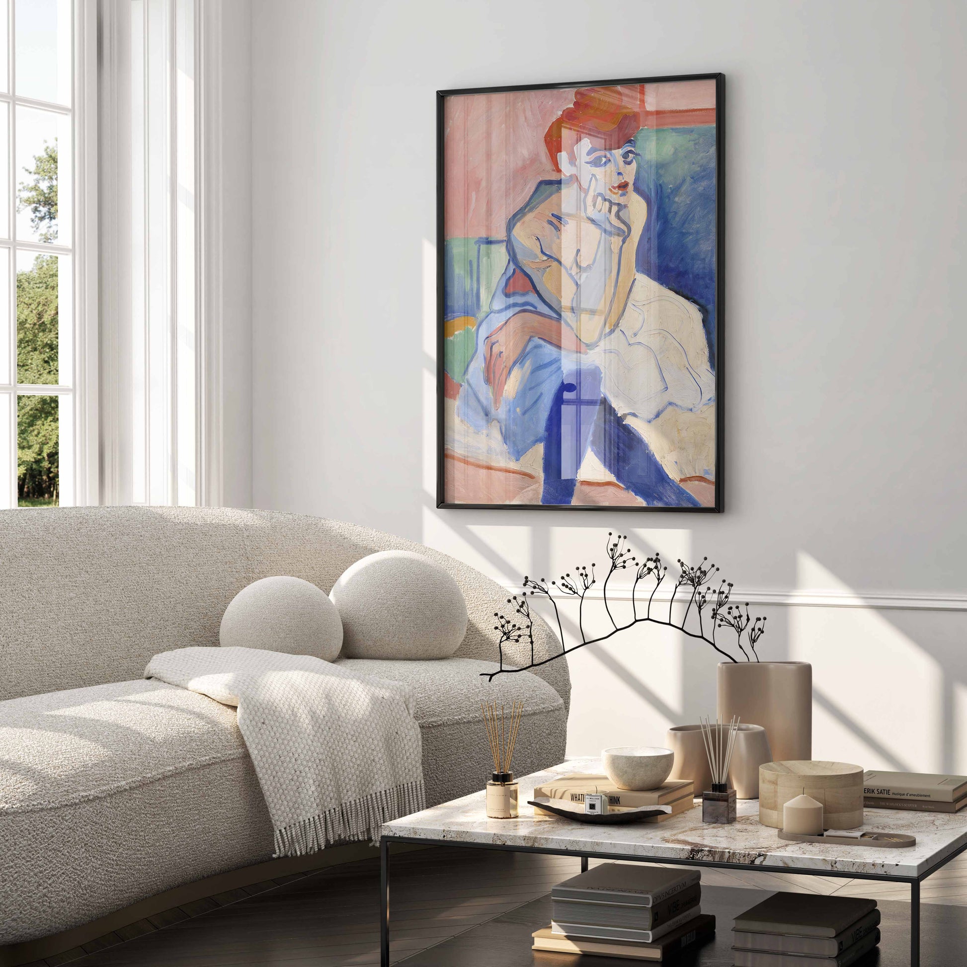 Framed André Derain Woman in a Chemise art print styled in a luxury modern living room
