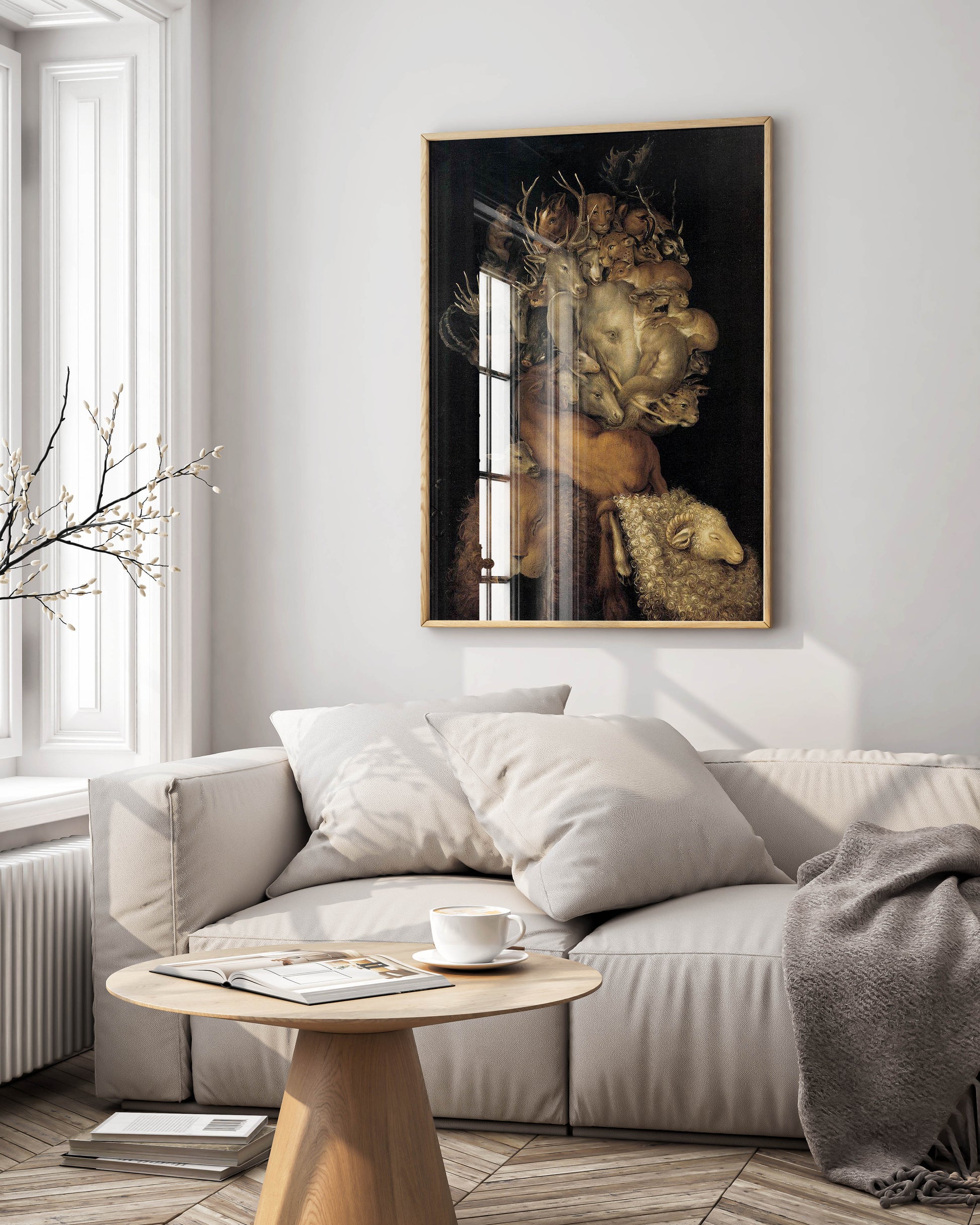 Framed Giuseppe Arcimboldo Earth art print displayed as sophisticated wall art in modern home interior - premium fine art reproduction of Renaissance composite portrait featuring land animals forming human profile