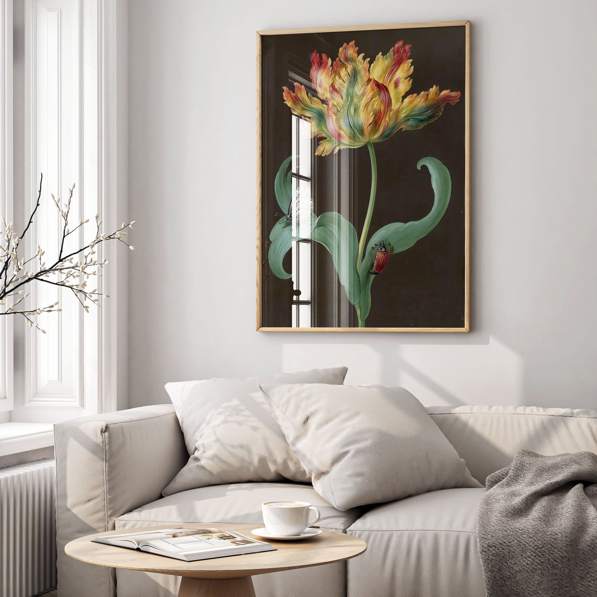 Framed Barbara Regina Dietzsch tulip art print with black background hanging on wall, vintage botanical wall art for living room and bedroom decor