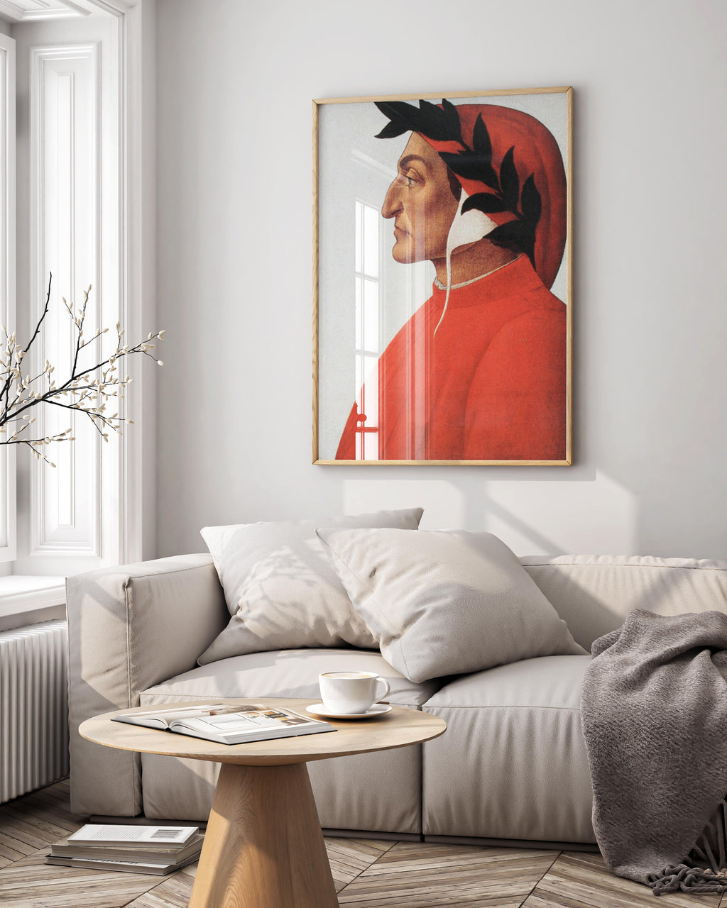 A framed Sandro Botticelli "Portrait of Dante Alighieri" giclée fine art print hanging on a wall, showcasing the ideal home decor application.