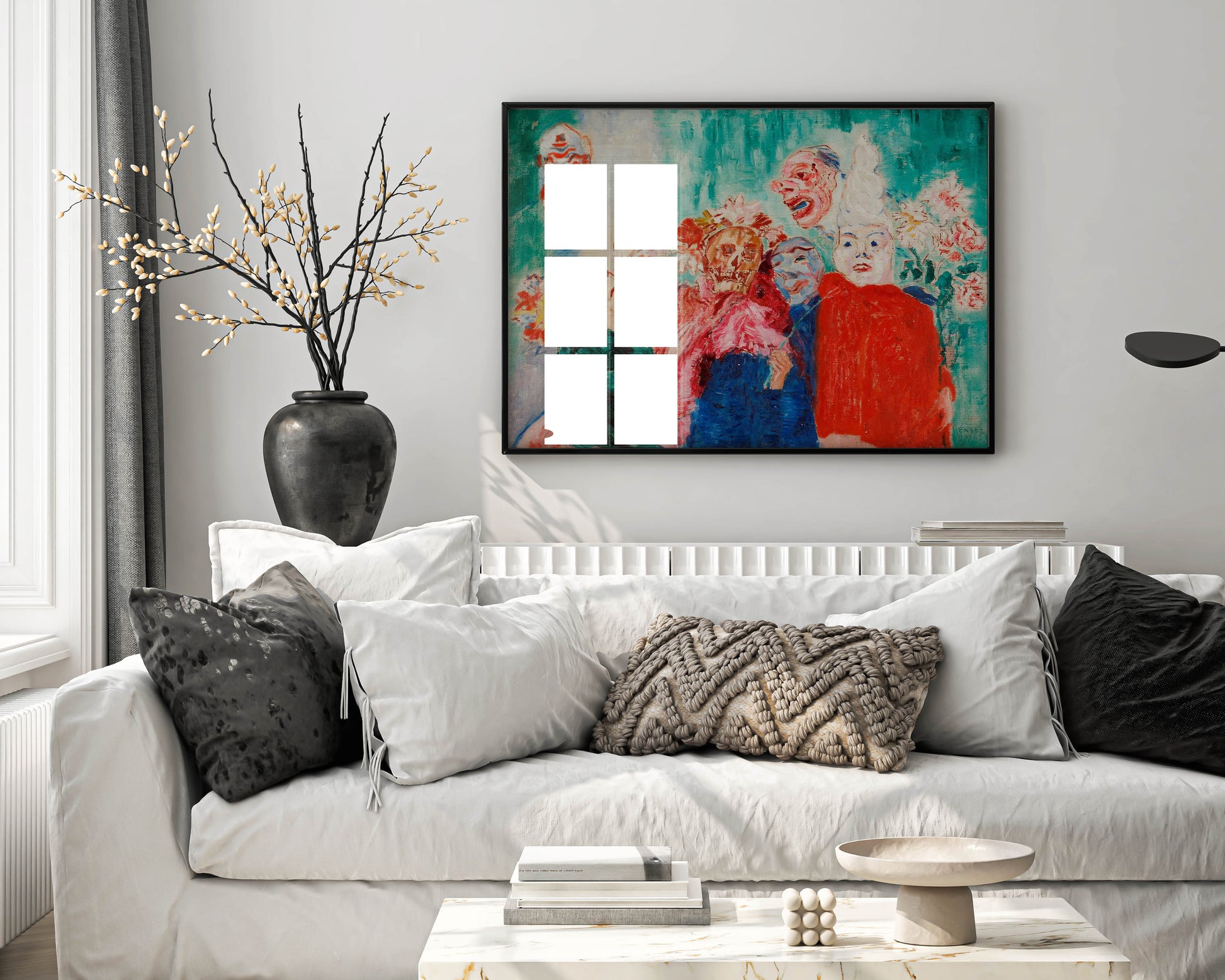 James Ensor Masks fine art print beautifully framed and displayed on modern wall, showing premium giclée reproduction in elegant home interior design setting