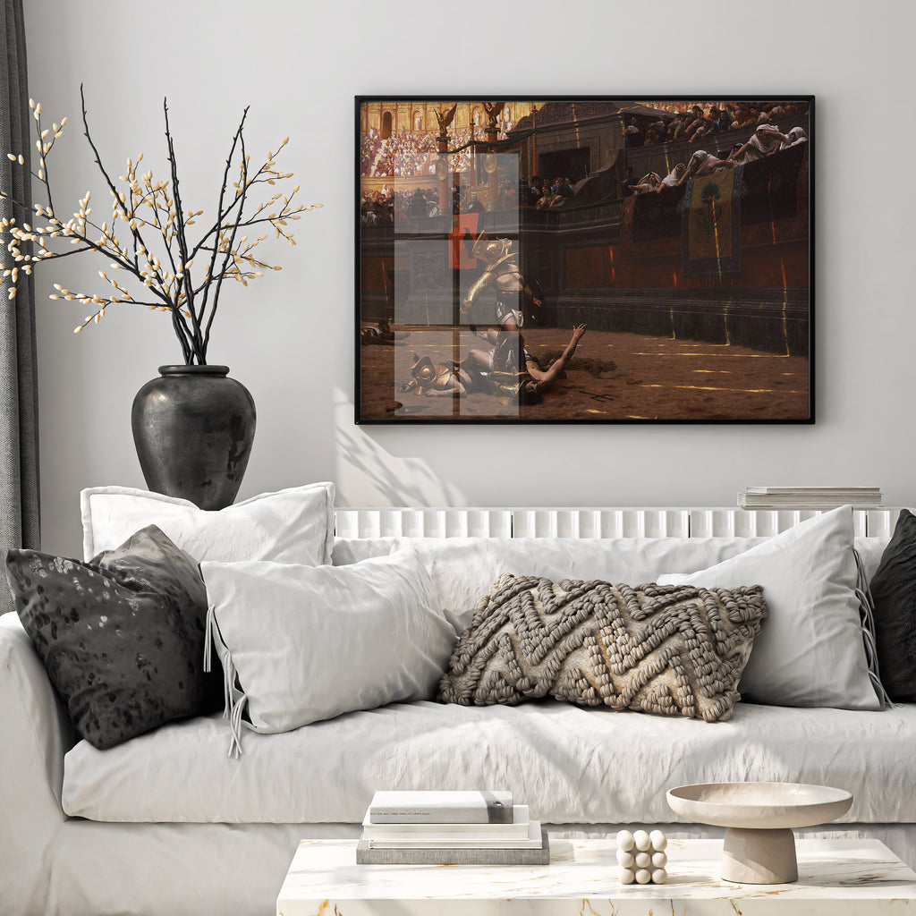 Framed Pollice Verso art print displayed as statement wall art in a modern living room