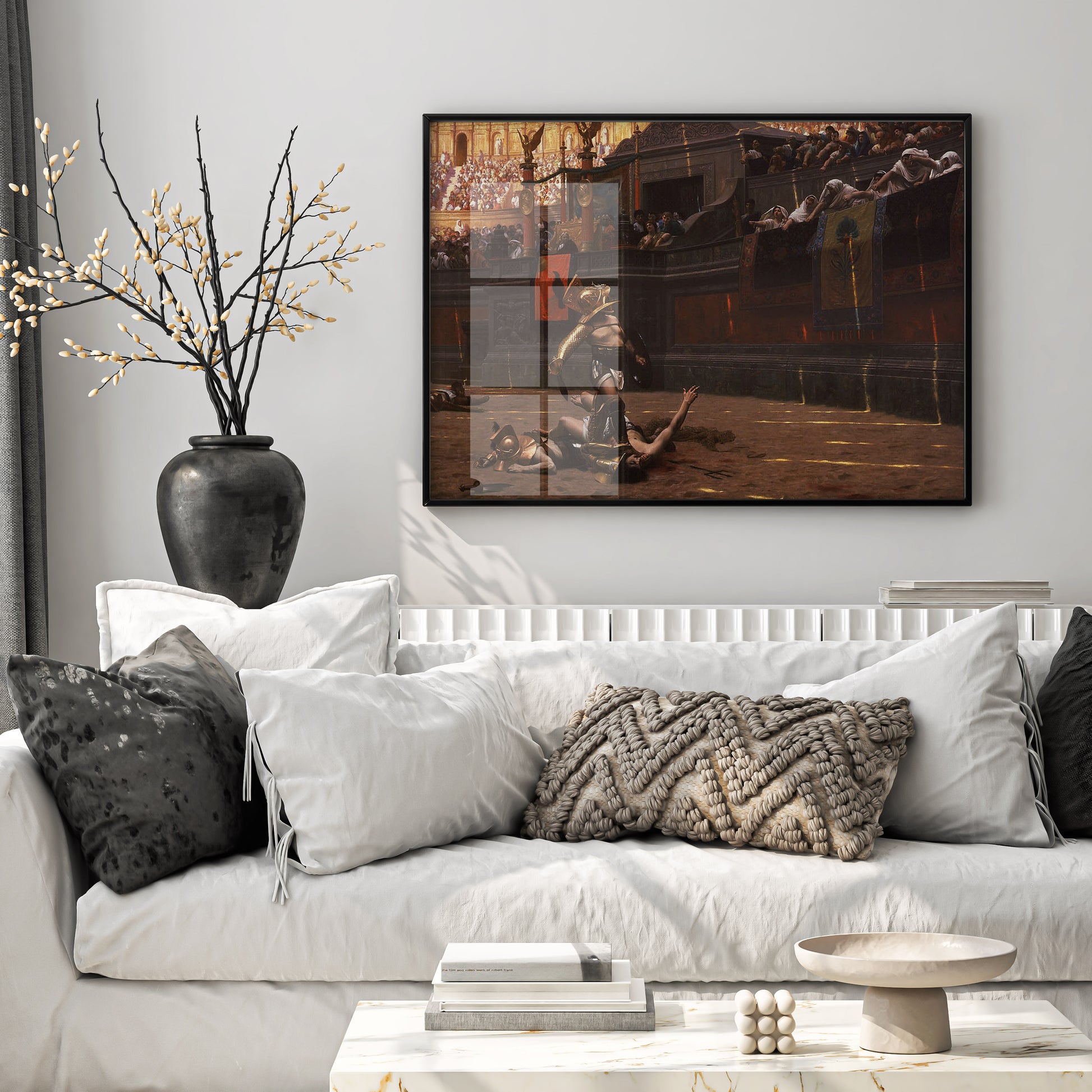 Framed Pollice Verso art print displayed as statement wall art in a modern living room