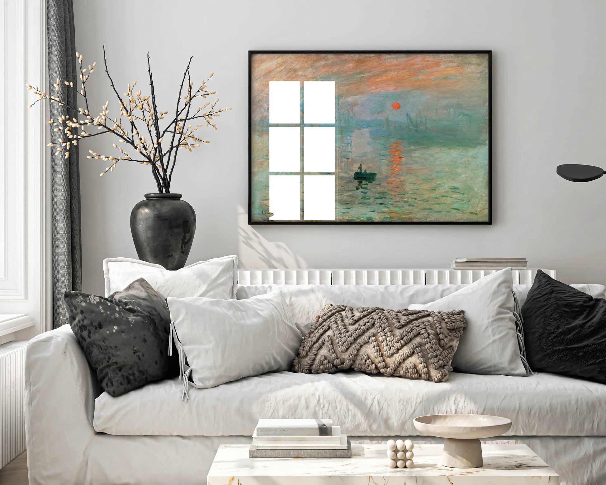 A framed fine art print of Claude Monet's Impression, Sunrise hanging on a wall, showcasing the painting as elegant home decor.