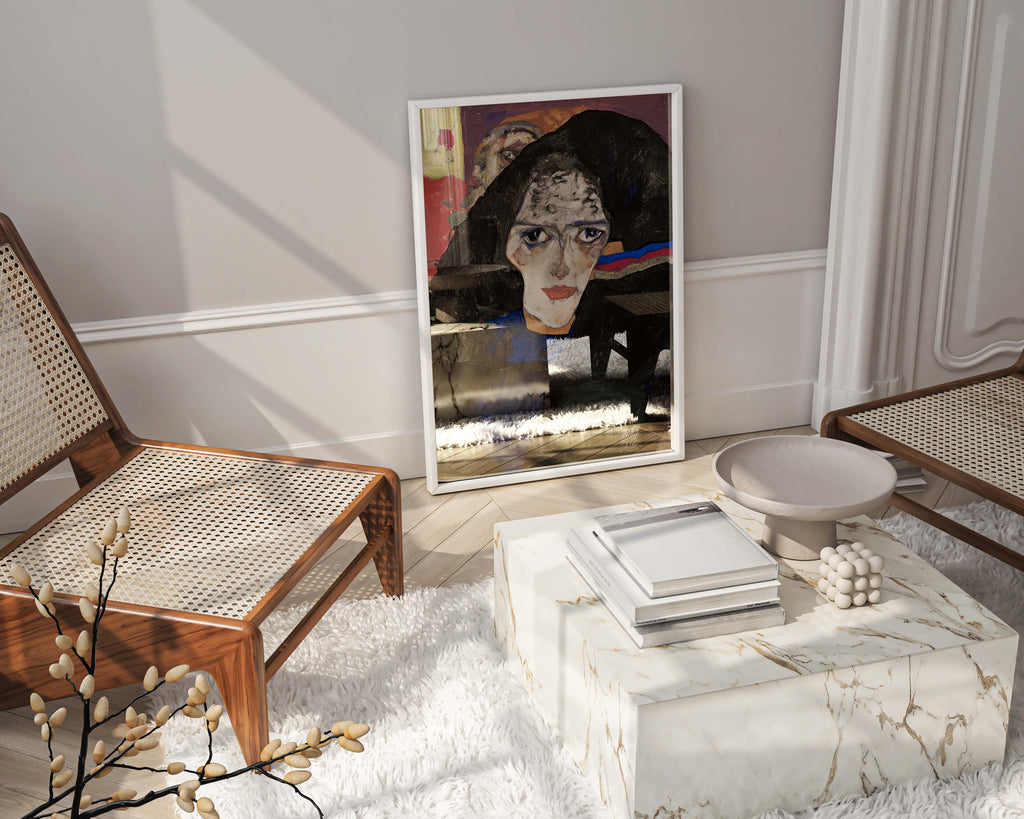 Egon Schiele's 'Mourning Woman' framed art print, a striking piece of expressionist wall art ideal for contemporary home decor and fine art enthusiasts.