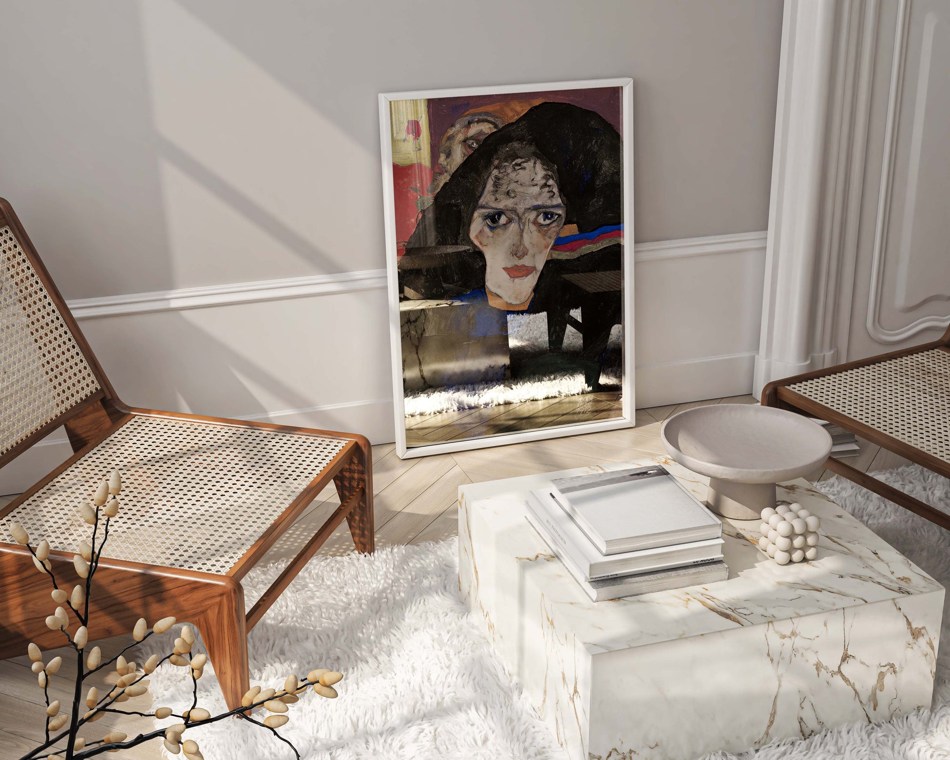 Egon Schiele's 'Mourning Woman' framed art print, a striking piece of expressionist wall art ideal for contemporary home decor and fine art enthusiasts.
