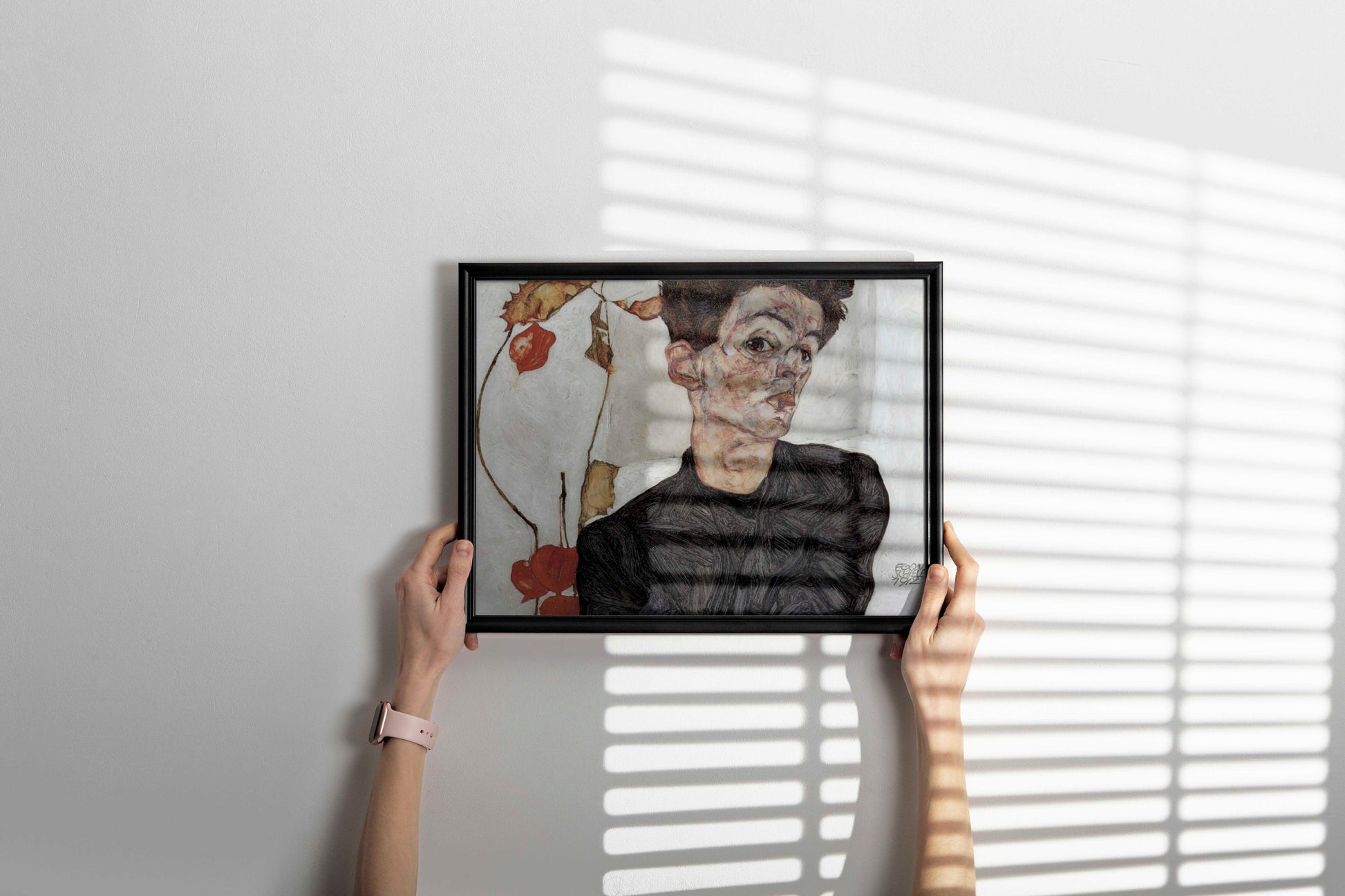 Framed Egon Schiele Self-Portrait with Chinese Lantern Plant print, an elegant piece of wall art perfect for enhancing any modern or classic home interior.