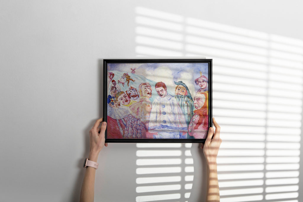 Framed James Ensor Pierrot's Despair fine art print mounted on modern interior wall featuring melancholic clown and grotesque masks, luxury wall art for sophisticated room design