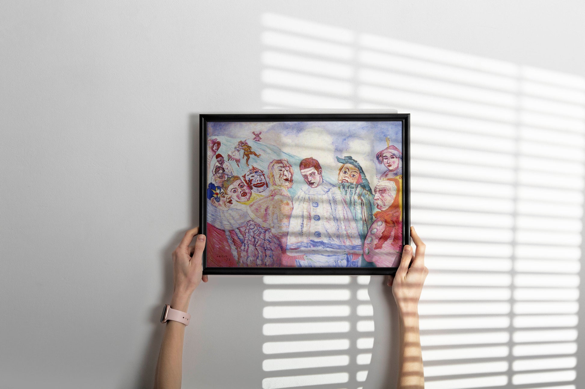 Framed James Ensor Pierrot's Despair fine art print mounted on modern interior wall featuring melancholic clown and grotesque masks, luxury wall art for sophisticated room design