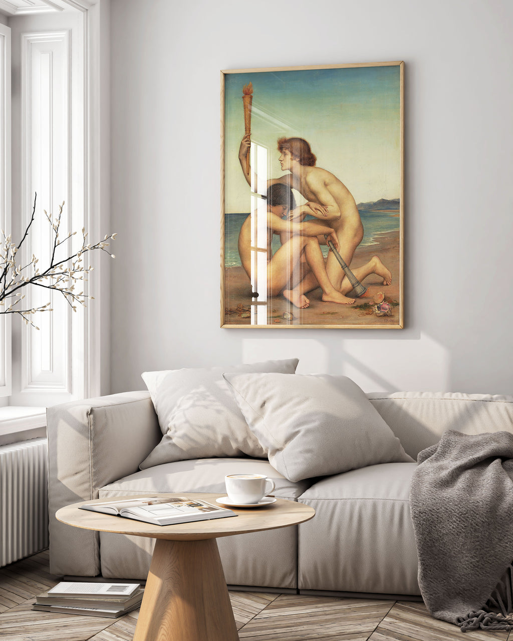 Framed Evelyn de Morgan Phosphorus and Hesperus wall art print displayed in modern interior, Pre-Raphaelite fine art poster in elegant frame, classical mythology artwork for living room décor