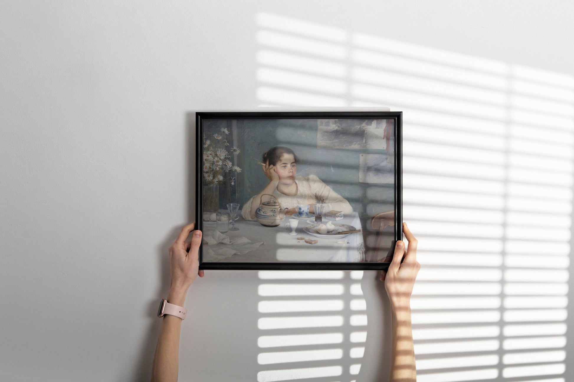 Finnish artist After Breakfast painting in elegant frame as wall art, framed fine art print reproduction for modern home interior decoration