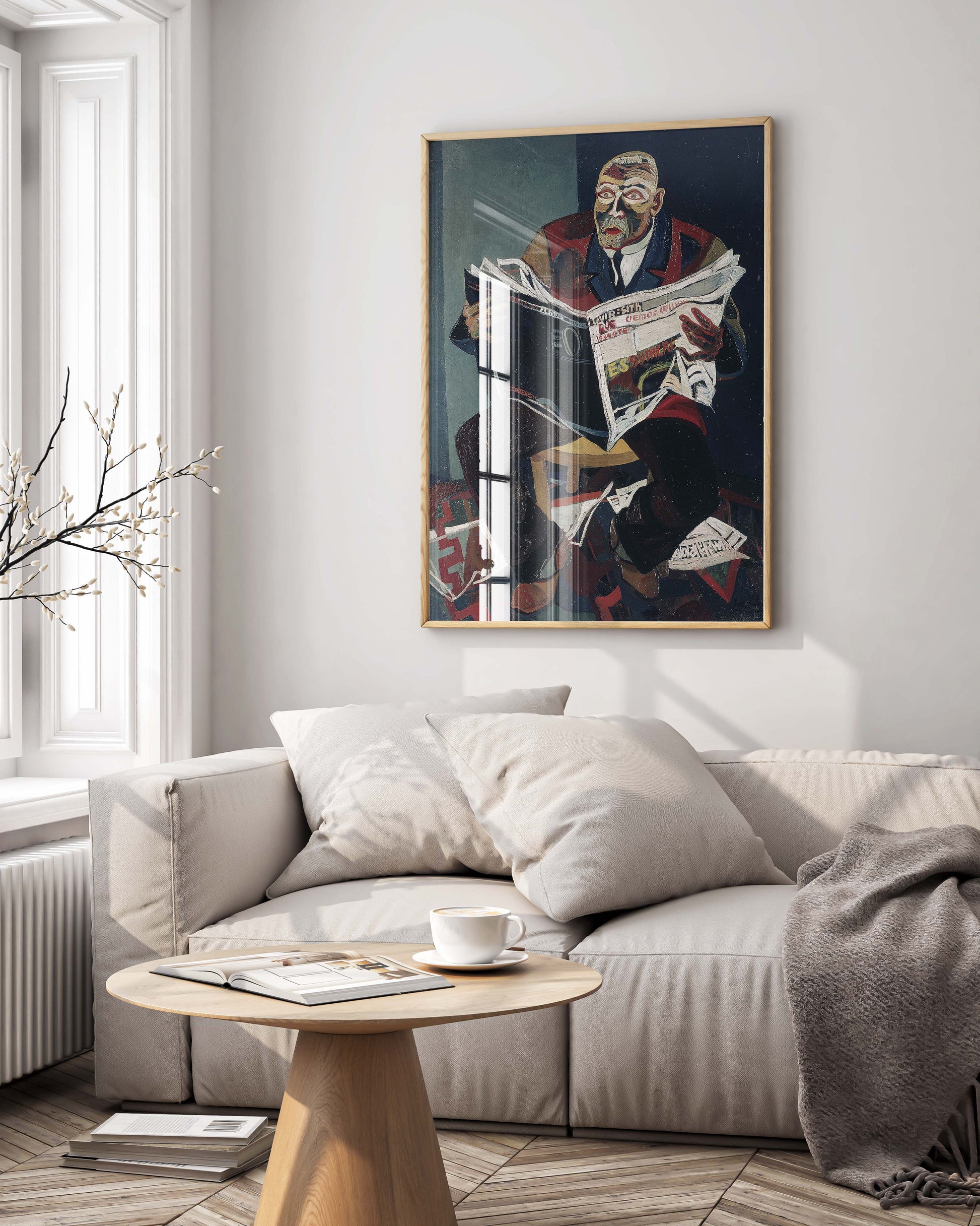 Framed fine art print of Josef Scharl's Newspaper Reader painting hanging as sophisticated wall decor - premium Weimar Republic Expressionist art for contemporary living spaces
