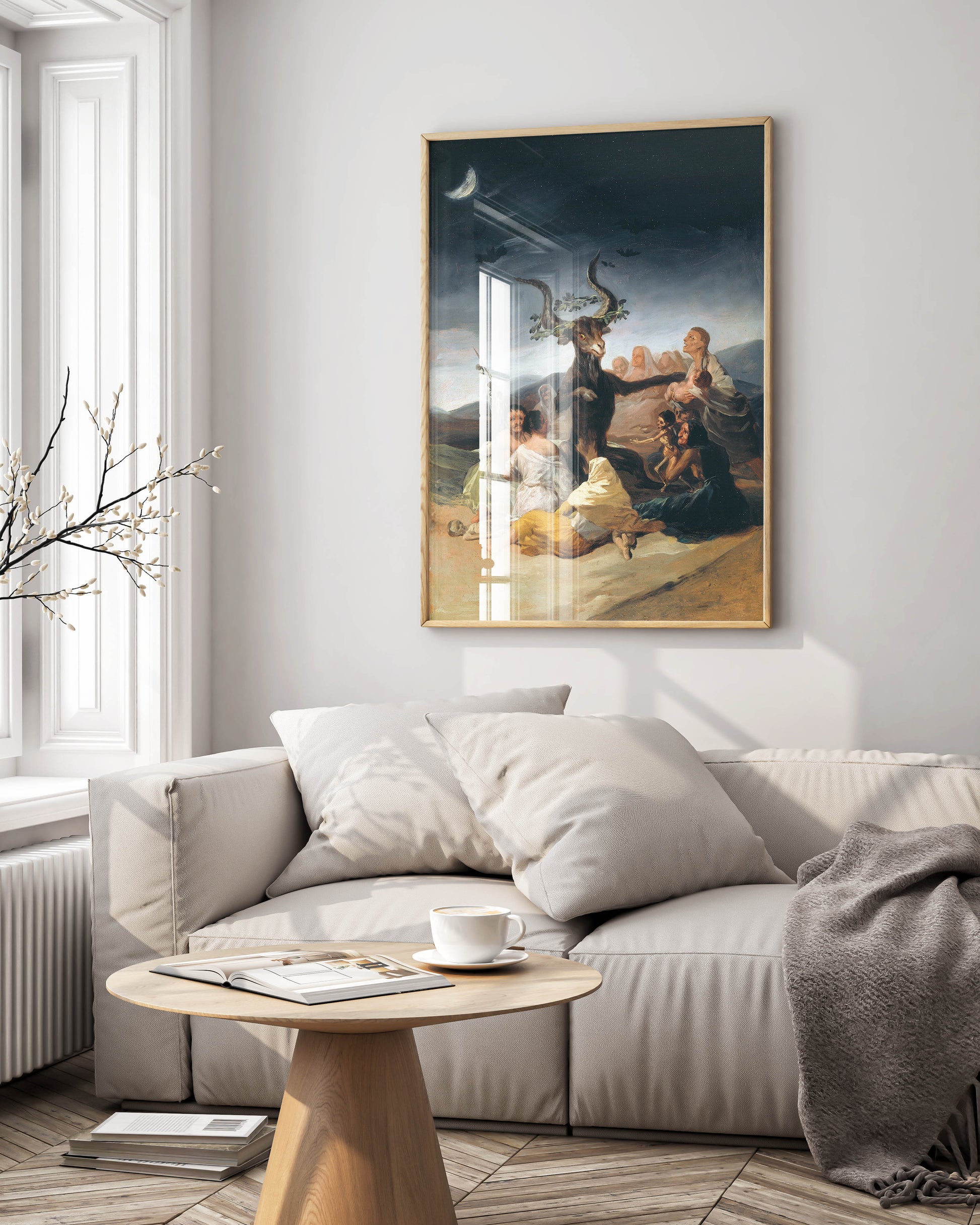 Framed fine art print of Francisco Goya's Witches Sabbath painting hanging as sophisticated wall decor - premium Dark Romanticism art for contemporary living spaces