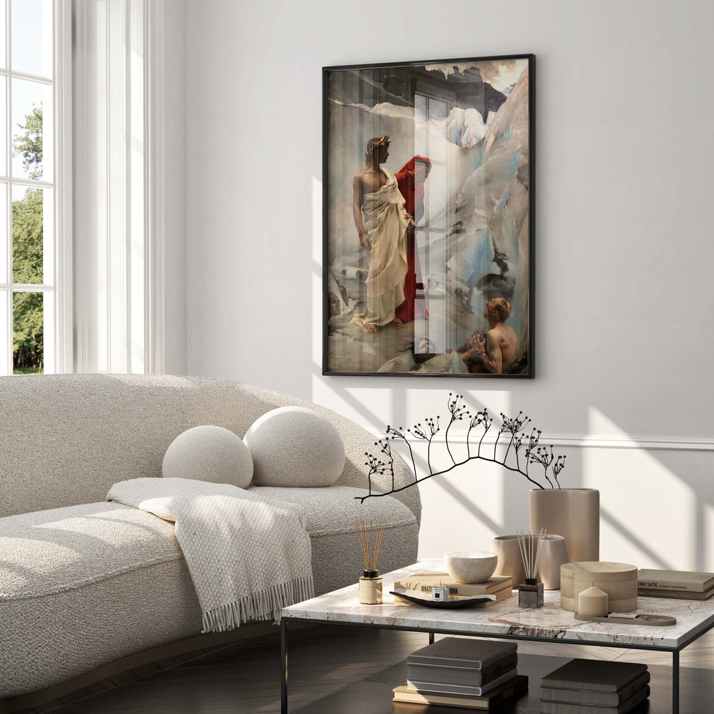 A framed giclée fine art print of Gustave Courtois' 'Dante and Virgil in the Underworld' displayed in a luxury living space, showcasing premium home decor.
