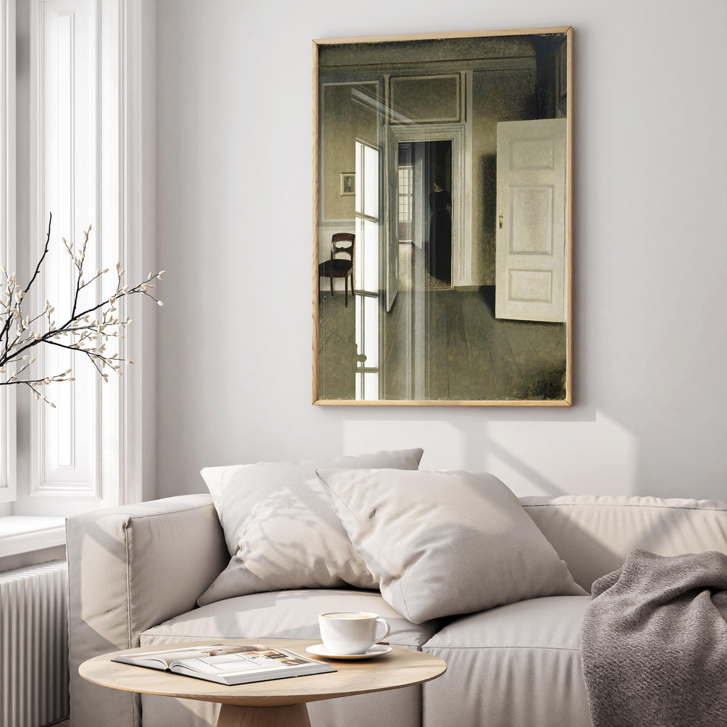 Framed Hammershøi Interior from the Home of the Artist displayed as elegant Scandinavian wall art in minimalist home interior, premium framed Danish painting reproduction perfect for modern Nordic decor"