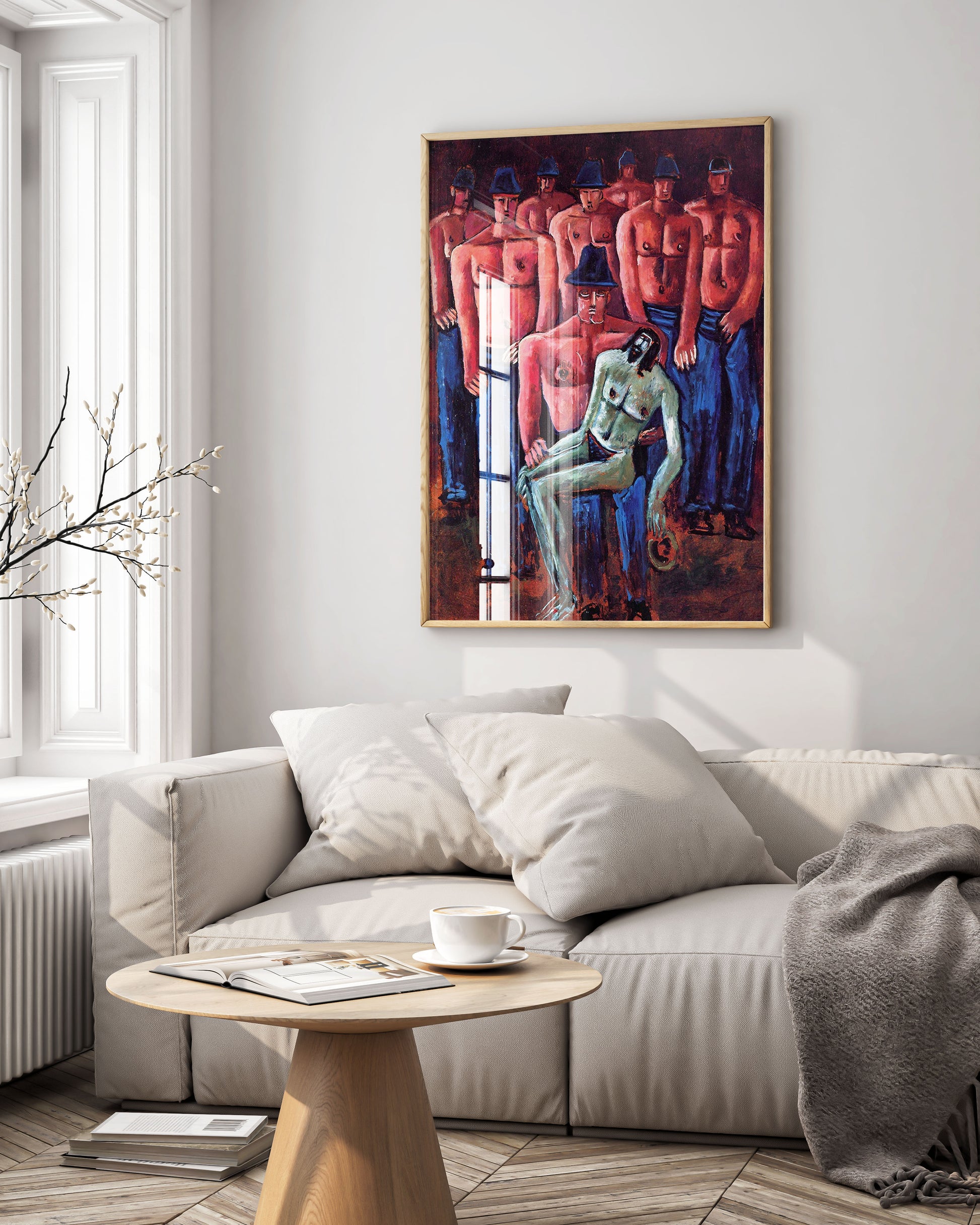 Framed Marsden Hartley Christ Held by Half-Naked Men art print displayed on modern gallery wall, premium black frame religious wall art for contemporary home interior design