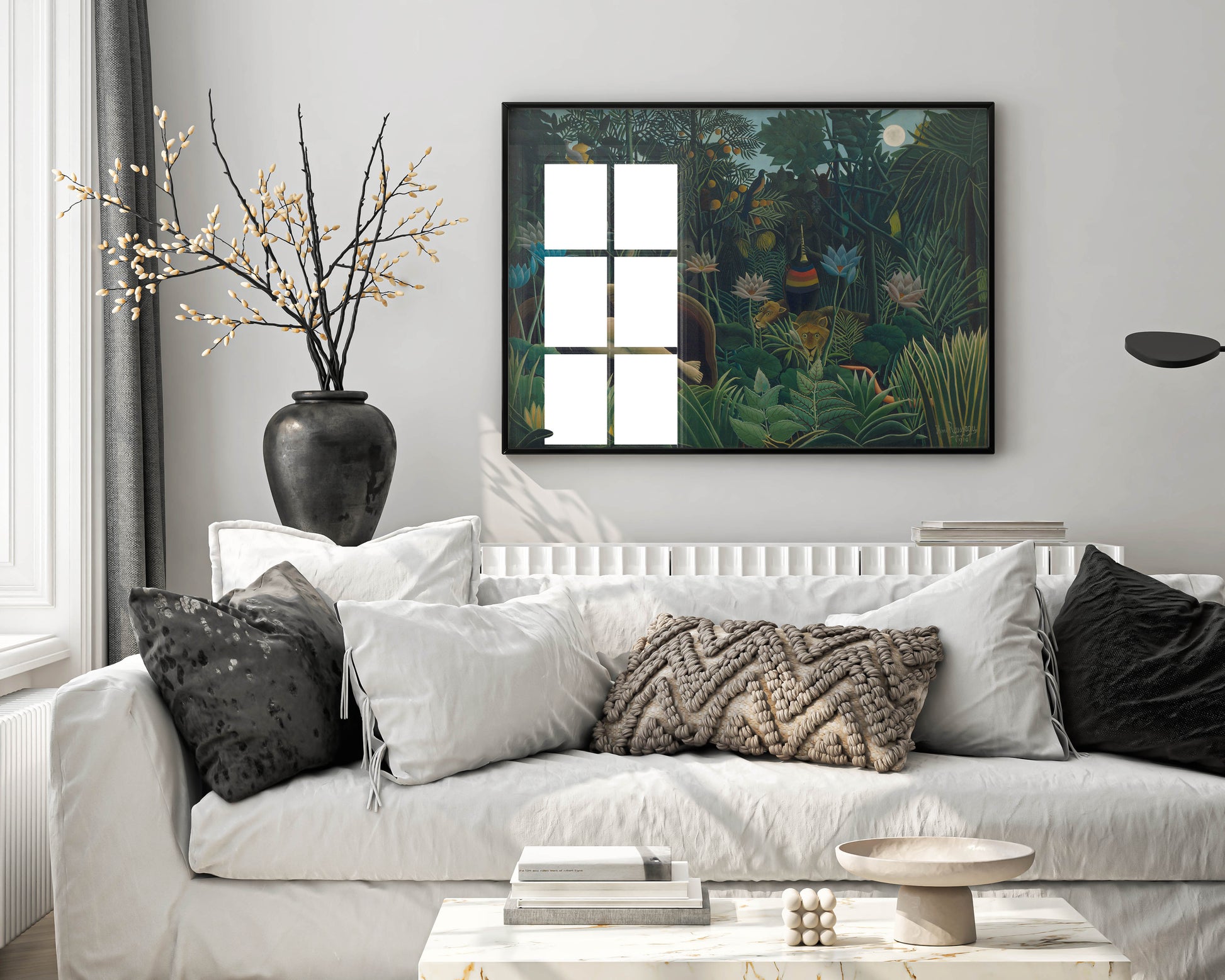A framed Henri Rousseau "The Dream" art print, a focal point in a luxurious living room with a neutral colour palette and modern furniture.