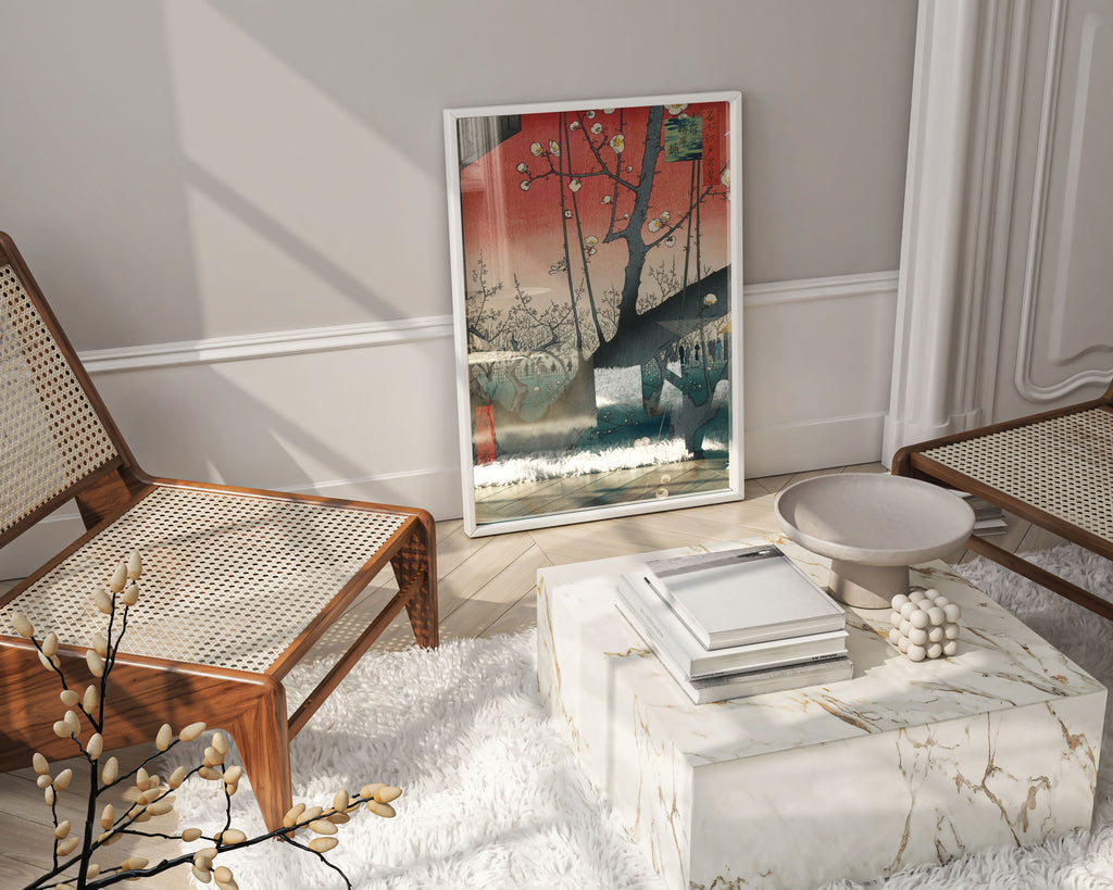 A beautiful, framed fine art print of Hiroshige's "Plum Garden in Kameido", a classic Japanese woodblock print, professionally matted and ready to hang.
