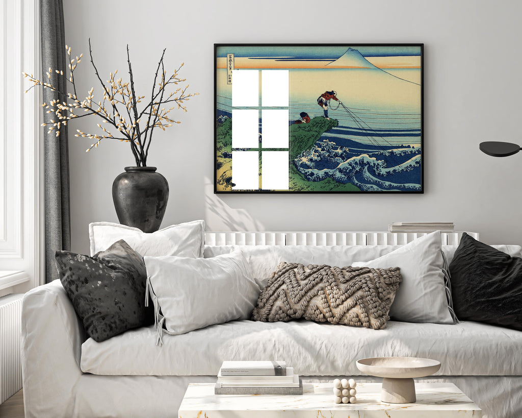 Framed Hokusai Kajikazawa in Kai Province wall art displaying Mount Fuji and fisherman scene, elegant Japanese fine art print for modern home interior design