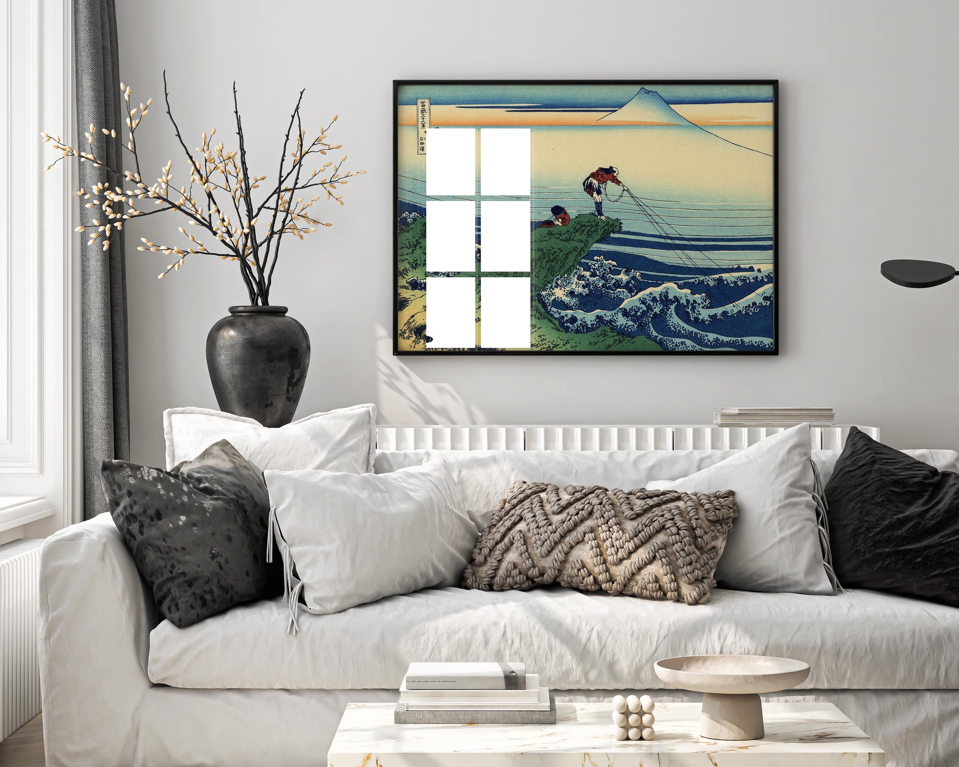 Framed Hokusai Kajikazawa in Kai Province wall art displaying Mount Fuji and fisherman scene, elegant Japanese fine art print for modern home interior design