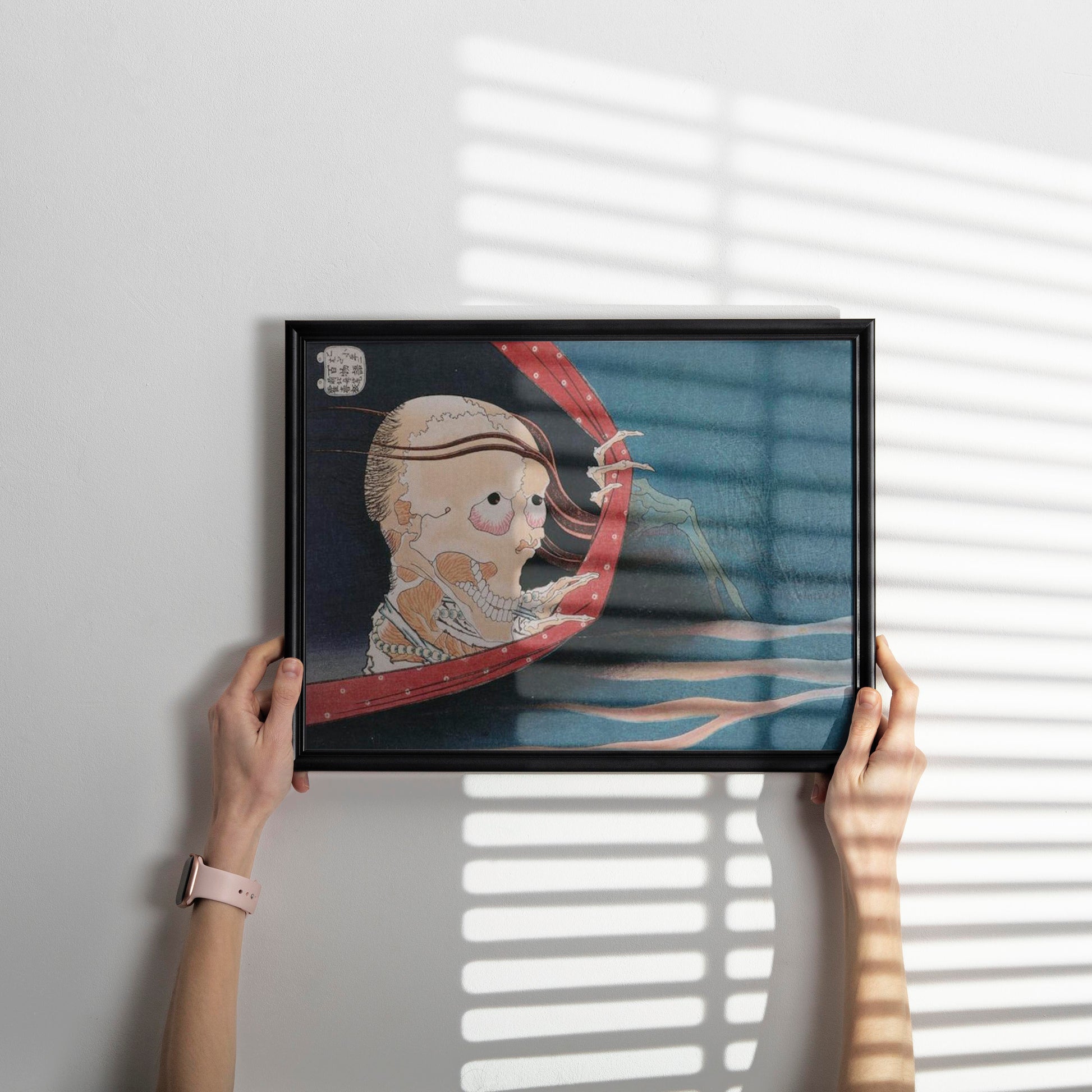 Hokusai ghost art print beautifully framed as statement wall decor, iconic Japanese ukiyo-e masterpiece The Phantom of Kohada Koheiji showing supernatural apparition, vintage fine art print perfect for living room or gallery wall styling