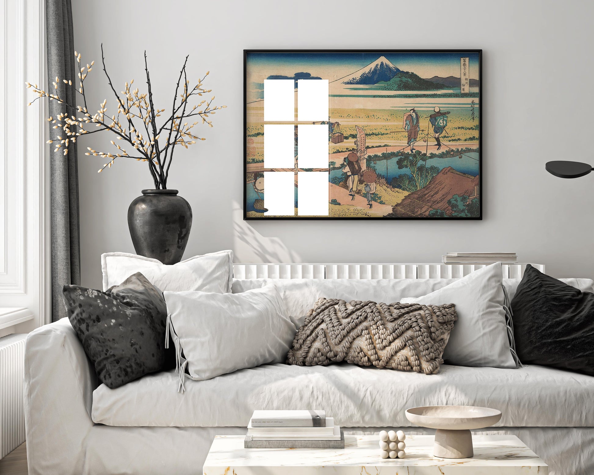 Framed Hokusai Nakahara in Sagami Province Japanese wall art print displayed in modern interior, featuring Mount Fuji landscape scene, premium home decor for living room or office