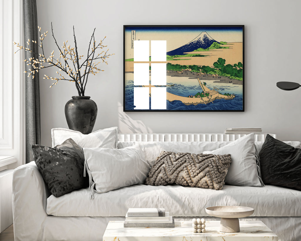 Hokusai Tago Bay near Ejiri framed wall art print showing Mount Fuji and blue waves, Japanese ukiyo-e woodblock reproduction in modern frame for living room décor