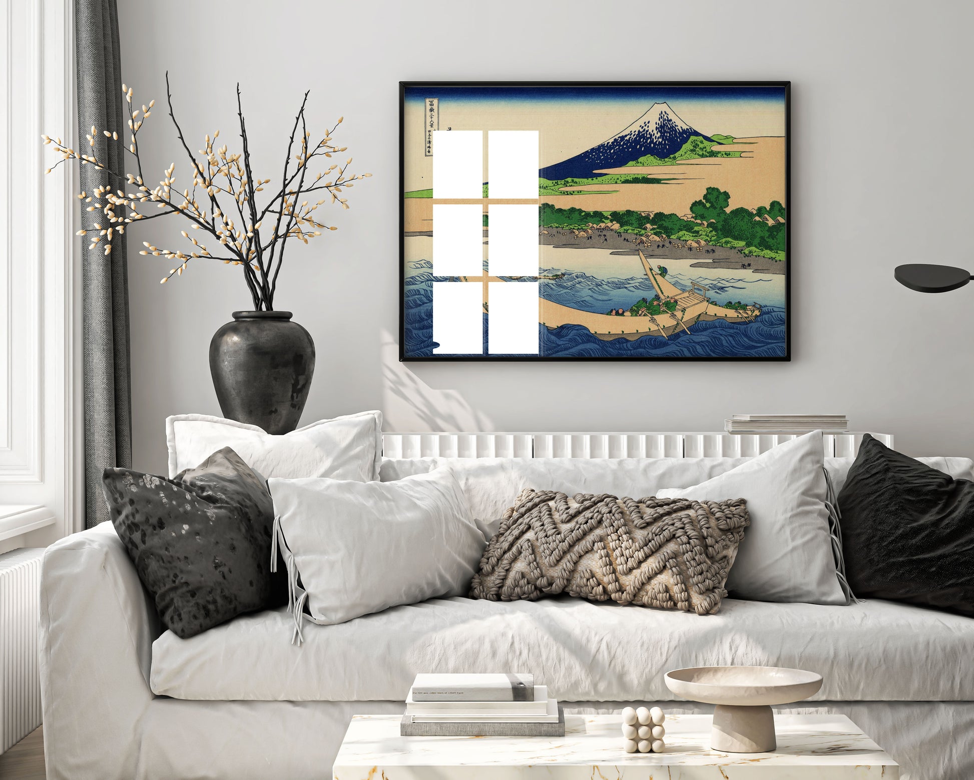 Hokusai Tago Bay near Ejiri framed wall art print showing Mount Fuji and blue waves, Japanese ukiyo-e woodblock reproduction in modern frame for living room décor