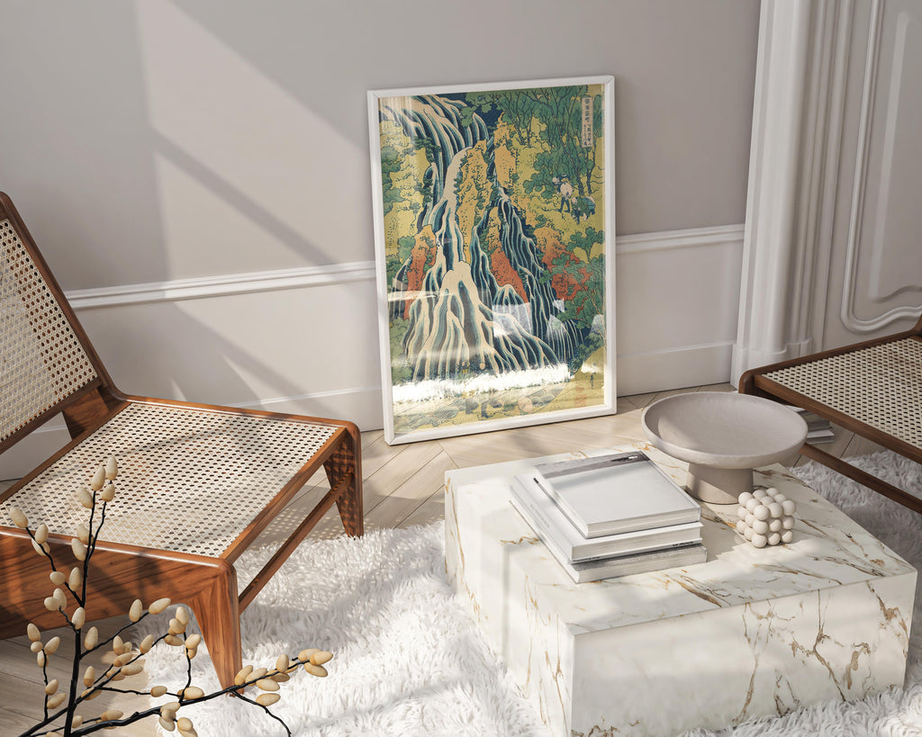 Hokusai Kirifuri Waterfall framed wall art print displayed in modern interior, Japanese ukiyo-e home decor with blue cascading water design in elegant frame