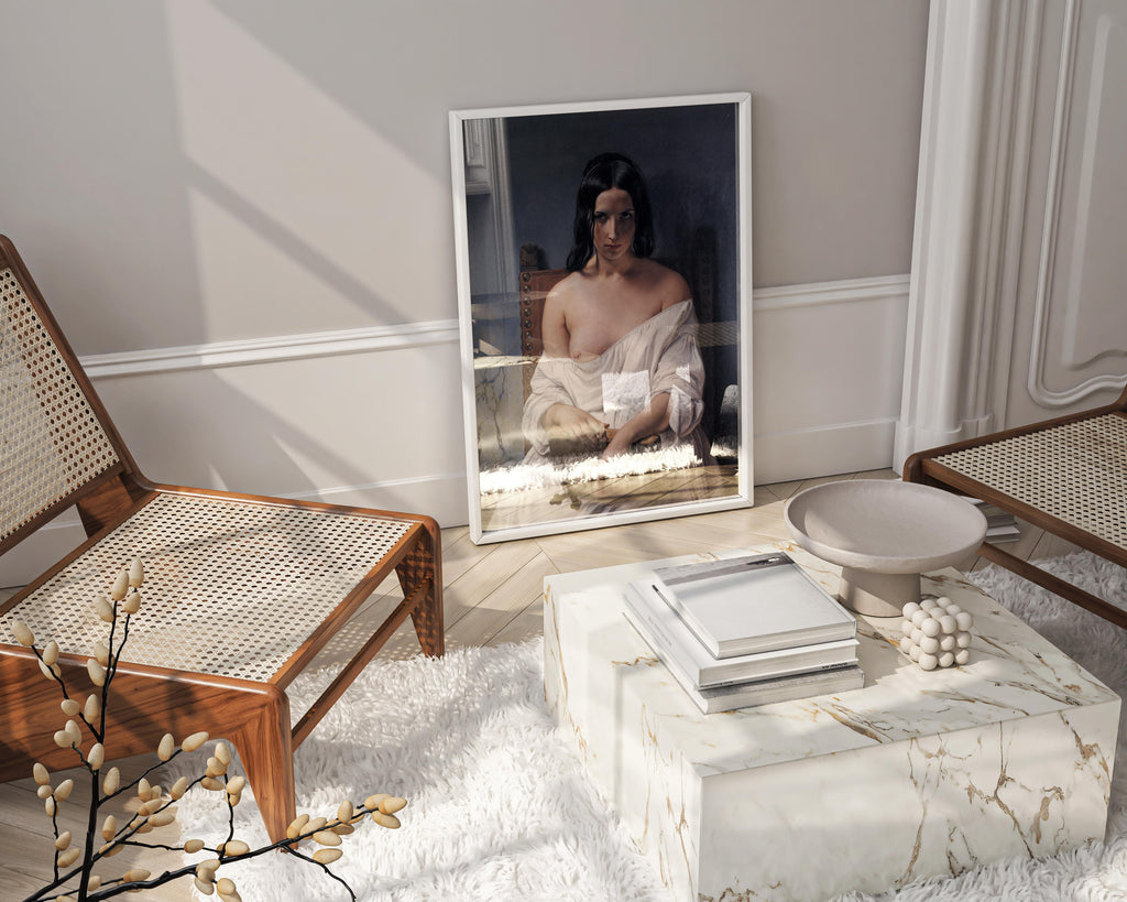 High-quality, framed fine art print of 'La Meditazione' by Hayez, used as a sophisticated wall decor centrepiece in a stylish living room.