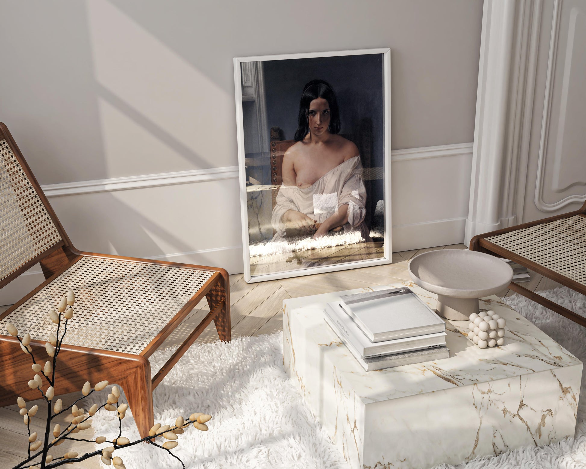 High-quality, framed fine art print of 'La Meditazione' by Hayez, used as a sophisticated wall decor centrepiece in a stylish living room.