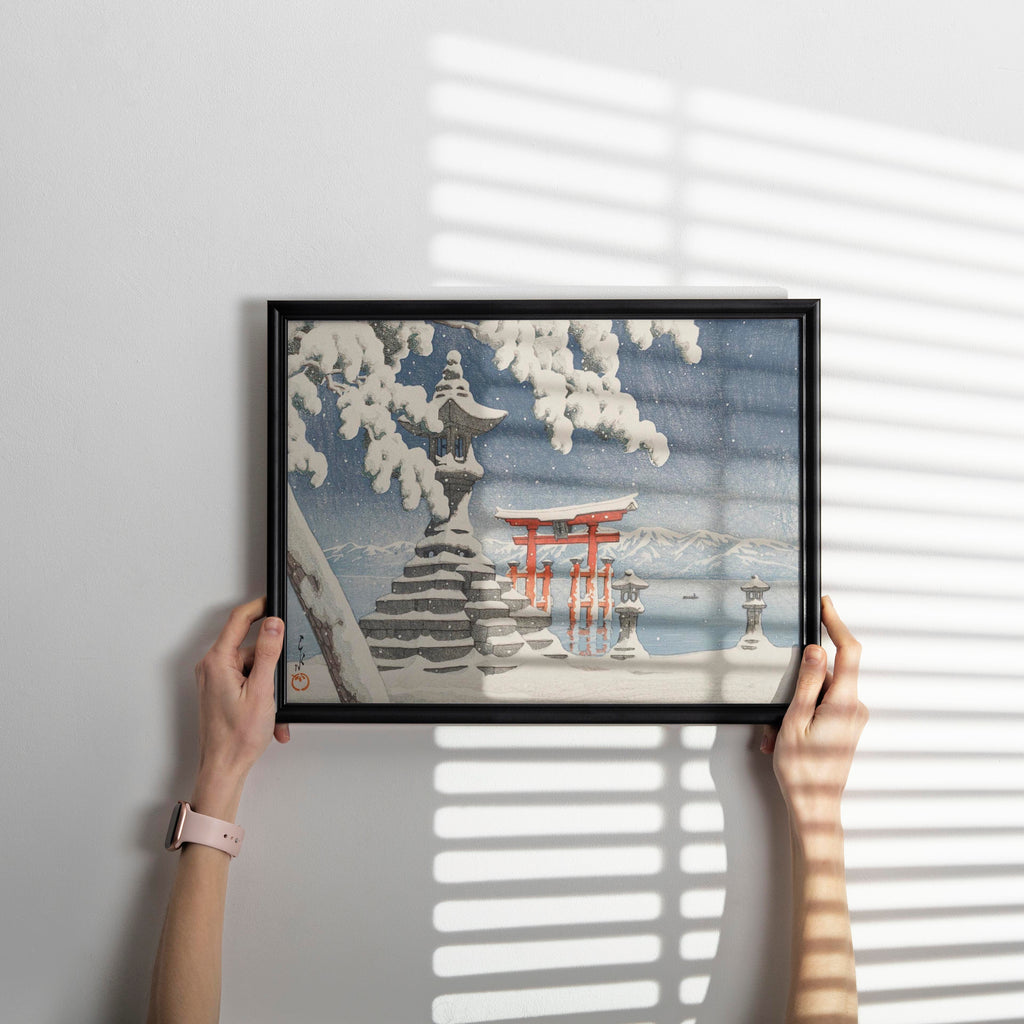 Hasui Kawase shin-hanga woodblock print of snowy Itsukushima Shrine beautifully framed as Japanese wall art for modern home decor