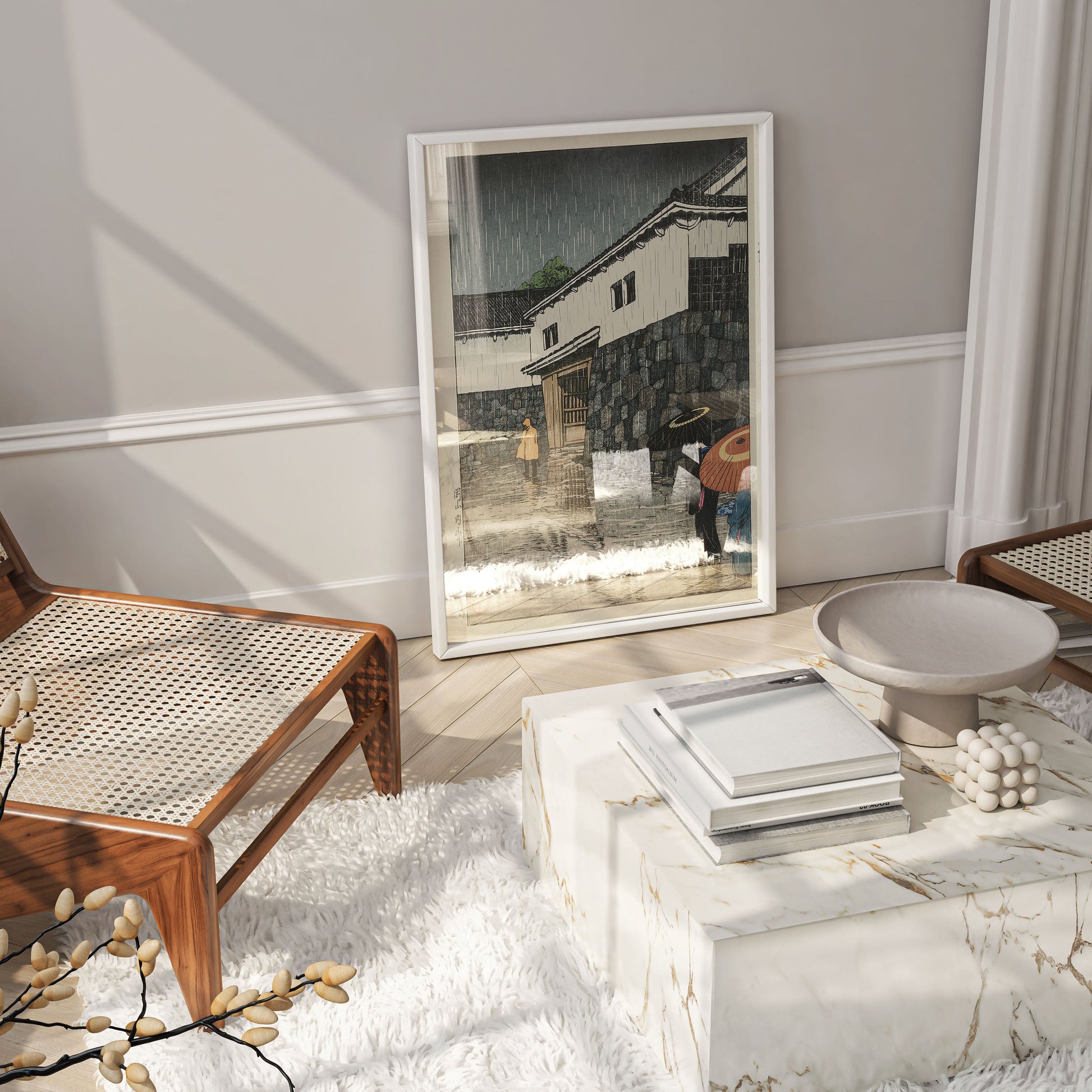 Framed Japanese art print by shin-hanga master Hasui Kawase showing atmospheric Okayama rain scene, perfect wall art for contemporary home decor