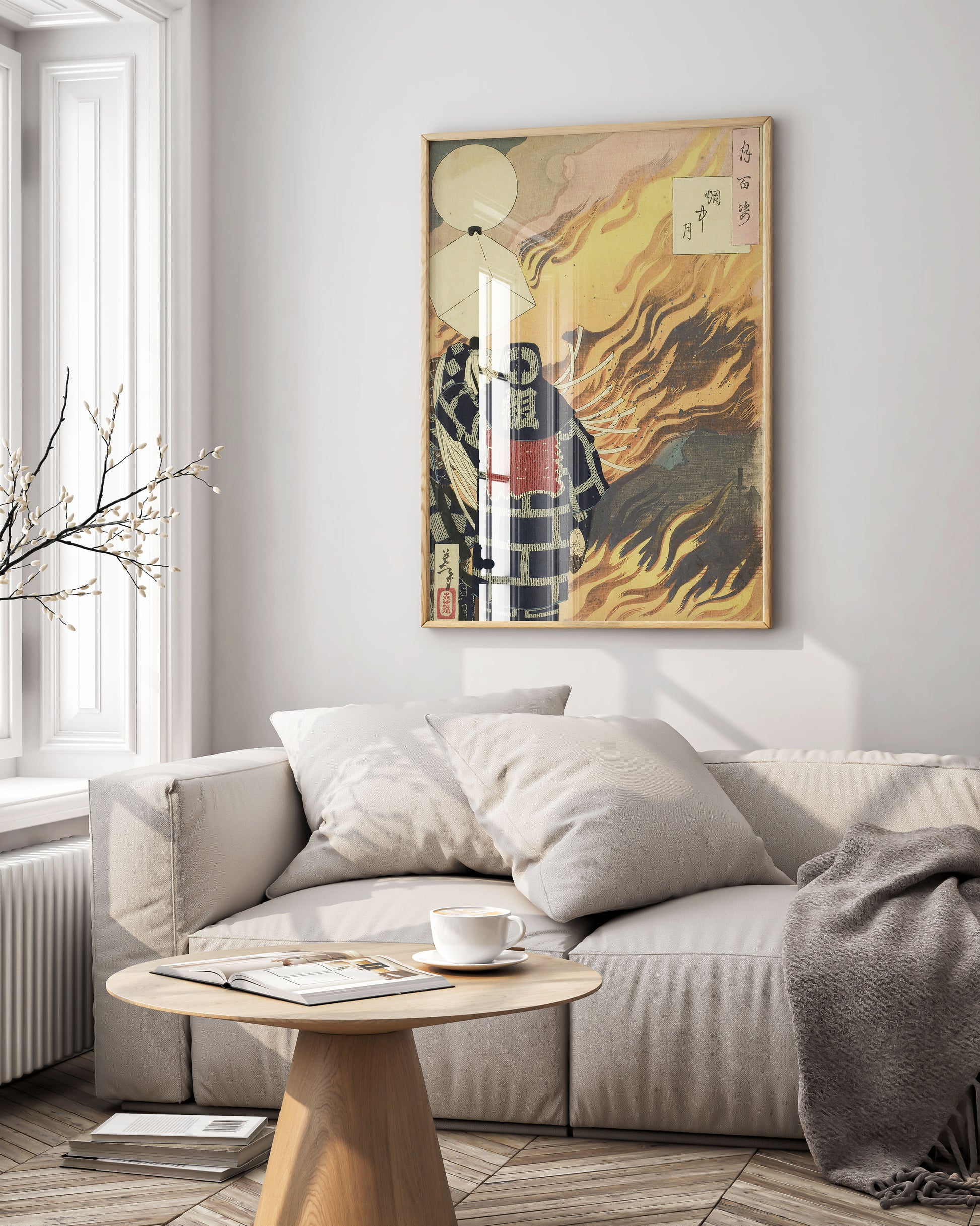 Framed Tsukioka Yoshitoshi Moon and Smoke Japanese art print displayed as wall art - ukiyo-e firefighter scene in modern interior home décor