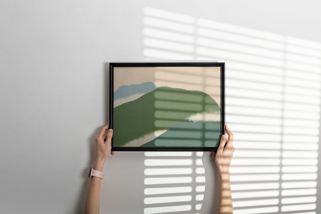 Framed Japanese landscape wall art by Kamisaka Sekka hanging in modern home interior, authentic Rinpa school art print with cherry blossoms in elegant frame for bedroom or office decor