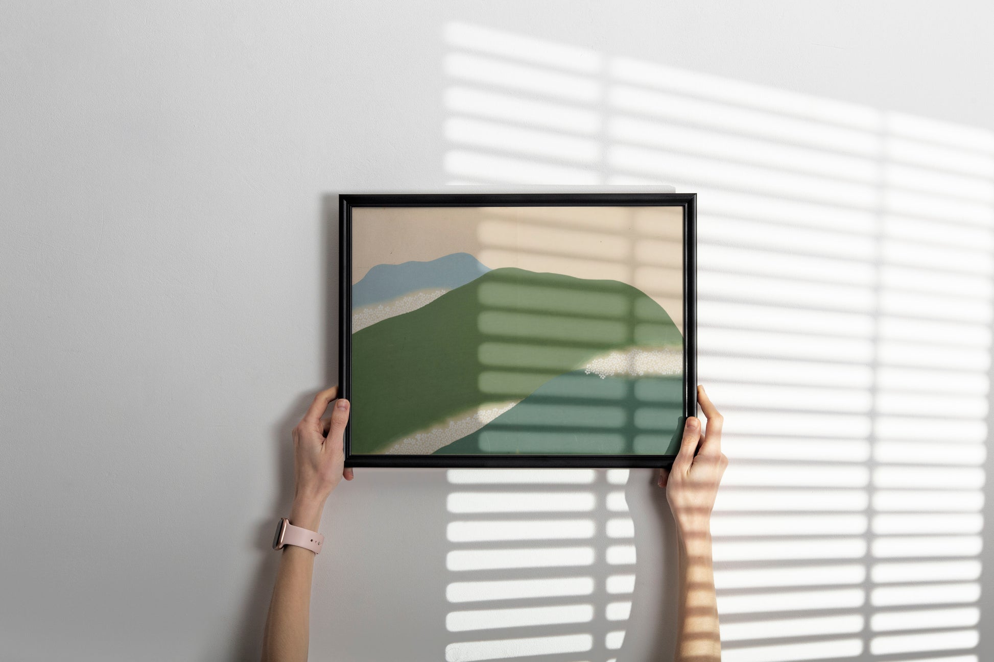 Framed Japanese landscape wall art by Kamisaka Sekka hanging in modern home interior, authentic Rinpa school art print with cherry blossoms in elegant frame for bedroom or office decor