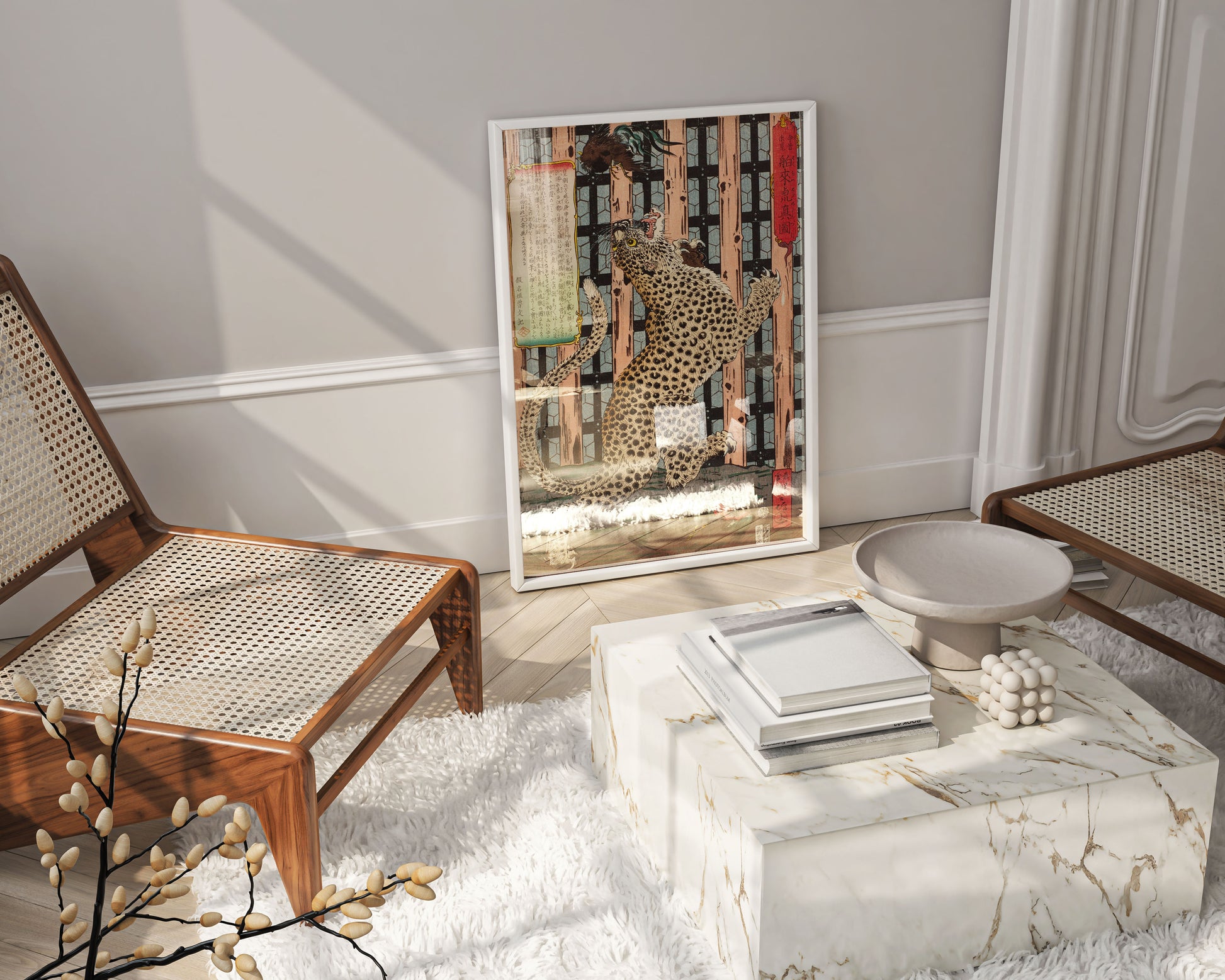 Kawanabe Kyosai leopard Japanese art print displayed in elegant frame on wall, museum-quality framed wall art featuring traditional Edo period spotted big cat with lattice screens and calligraphy