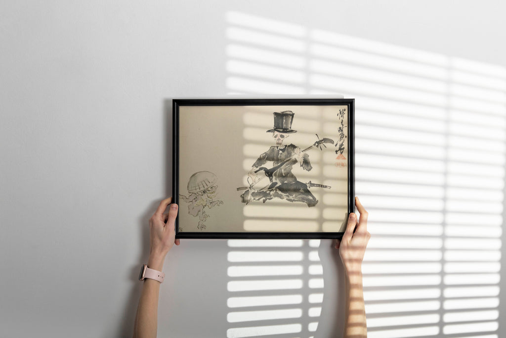 Framed Kawanabe Kyosai Skeleton Shamisen Player Japanese wall art displayed in modern interior, museum-quality fine art print in elegant frame perfect for contemporary home decor