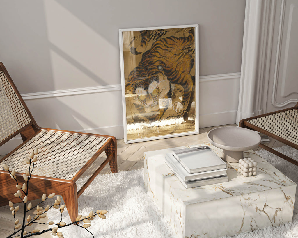 Framed Japanese tiger wall art by Katayama Yōkoku hanging in contemporary interior - museum quality bamboo tiger print in decorative frame, ideal for modern homes seeking traditional Asian wall décor and fine art