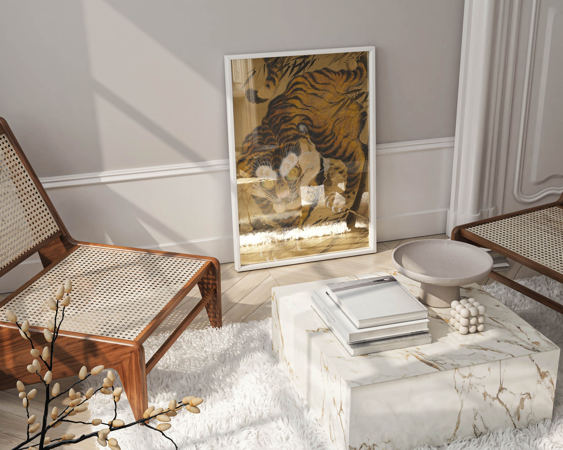 Framed Japanese tiger wall art by Katayama Yōkoku hanging in contemporary interior - museum quality bamboo tiger print in decorative frame, ideal for modern homes seeking traditional Asian wall décor and fine art