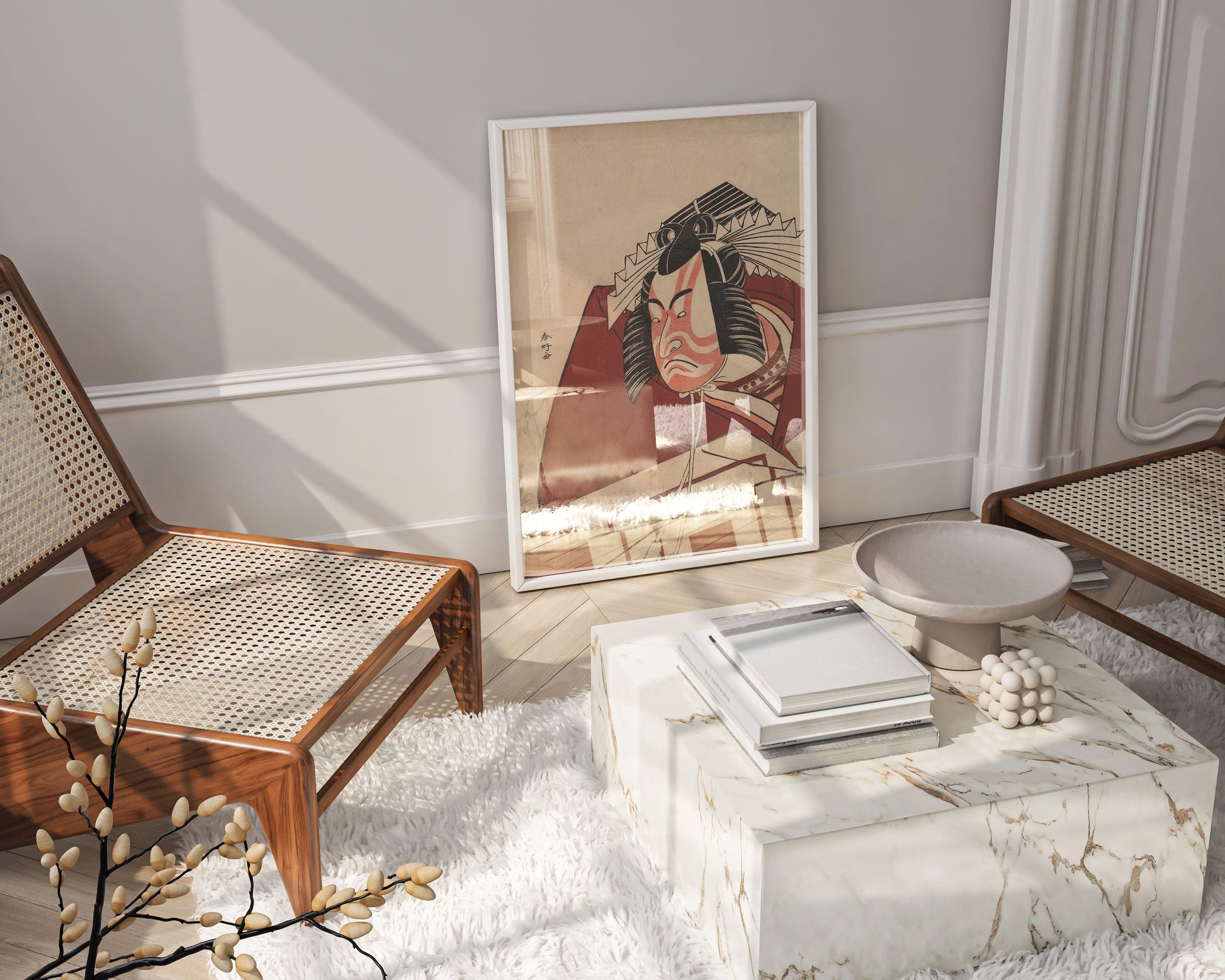 A Katsukawa Shunkō ukiyo-e print of a Kabuki actor, beautifully framed in gold, hanging as a focal point in a modern, luxurious living room with elegant furnishings.