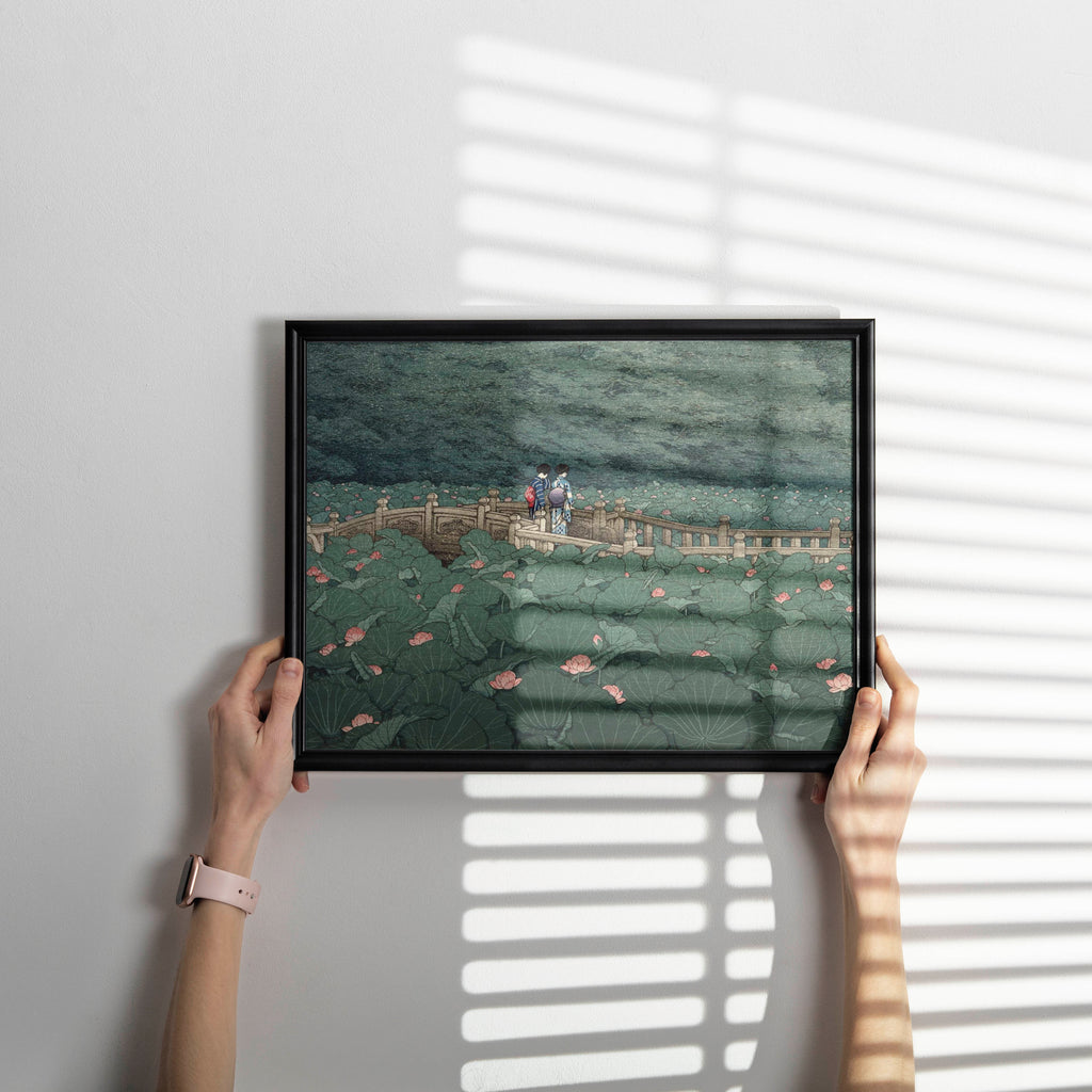 Japanese fine art print by Hasui Kawase elegantly framed as wall decor showing vintage woodblock landscape of lotus flowers and kimono clad figures at Benten Shrine Tokyo