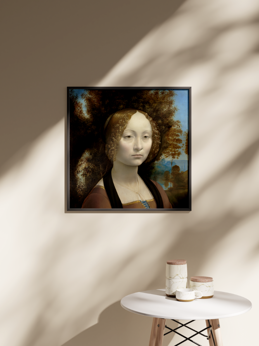 A stunning framed wall art print of Leonardo da Vinci's "Ginevra de' Benci" portrait, perfect for adding a touch of Renaissance elegance to any room.