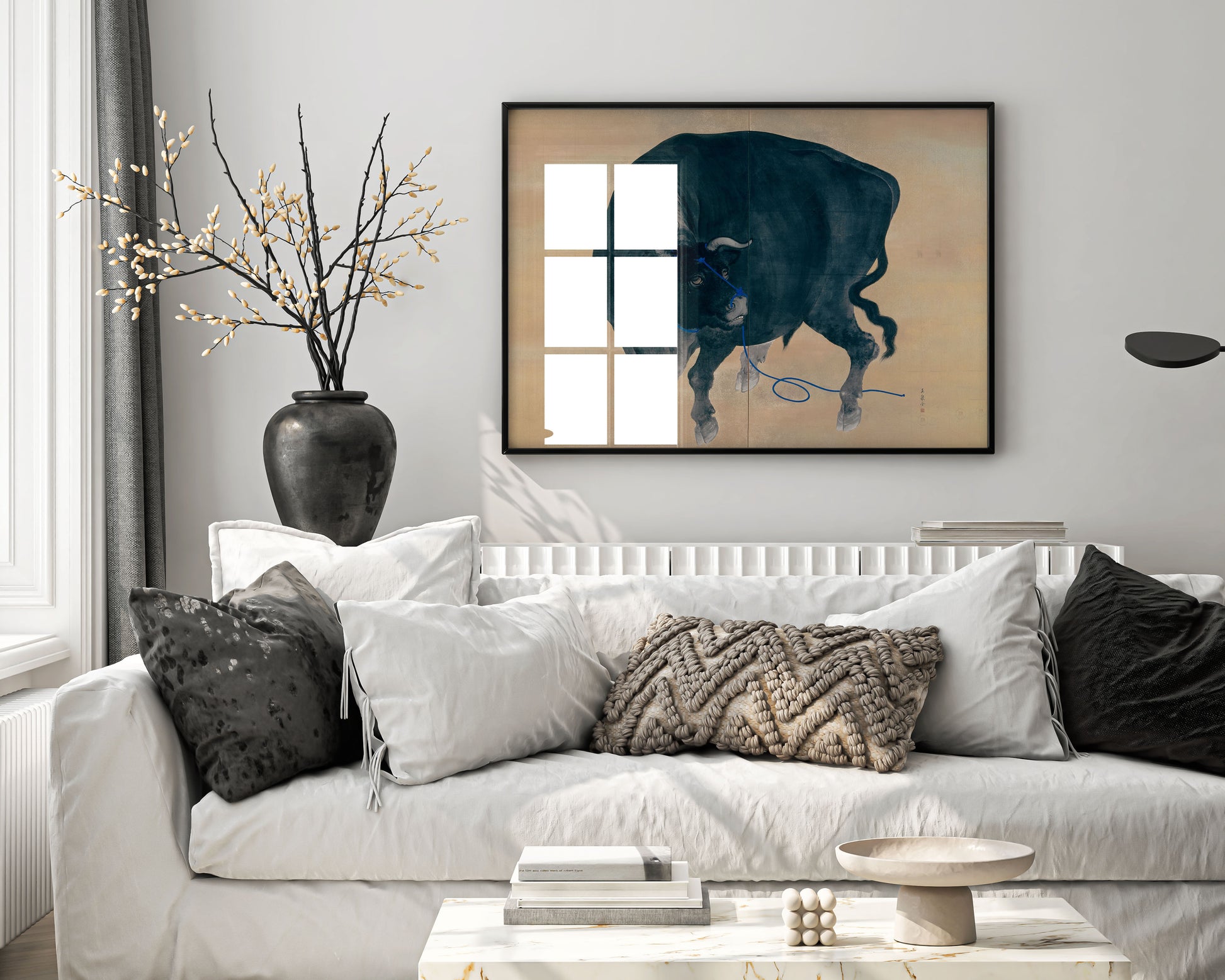 Framed Mochizuki Gyokusen Black Bull Japanese art print displayed on wall showing premium zen wall art in contemporary home interior setting