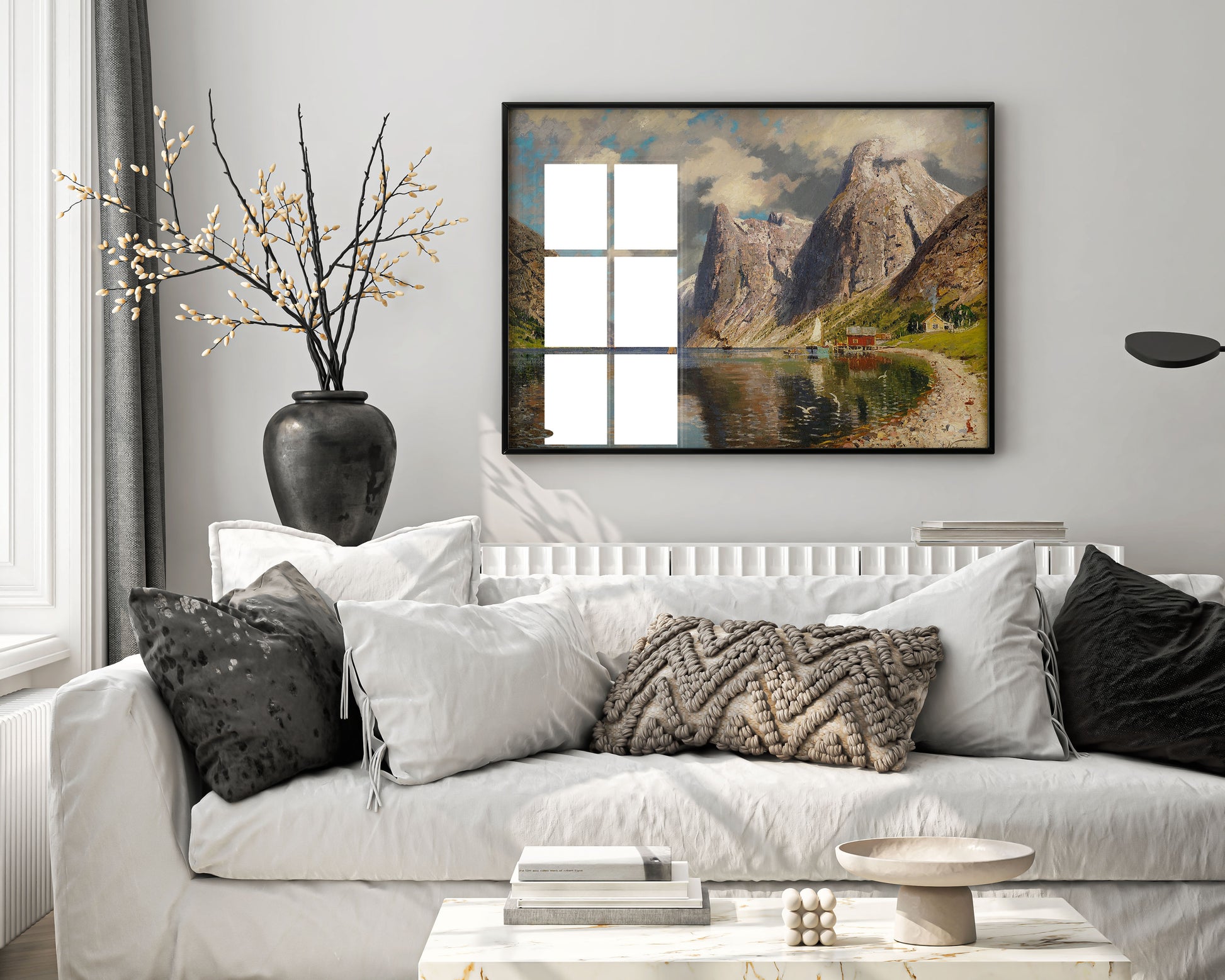 Framed Adelsteen Normann Summer in Fjord Norwegian landscape art print displayed on wall showing premium Scandinavian wall art in modern home interior setting